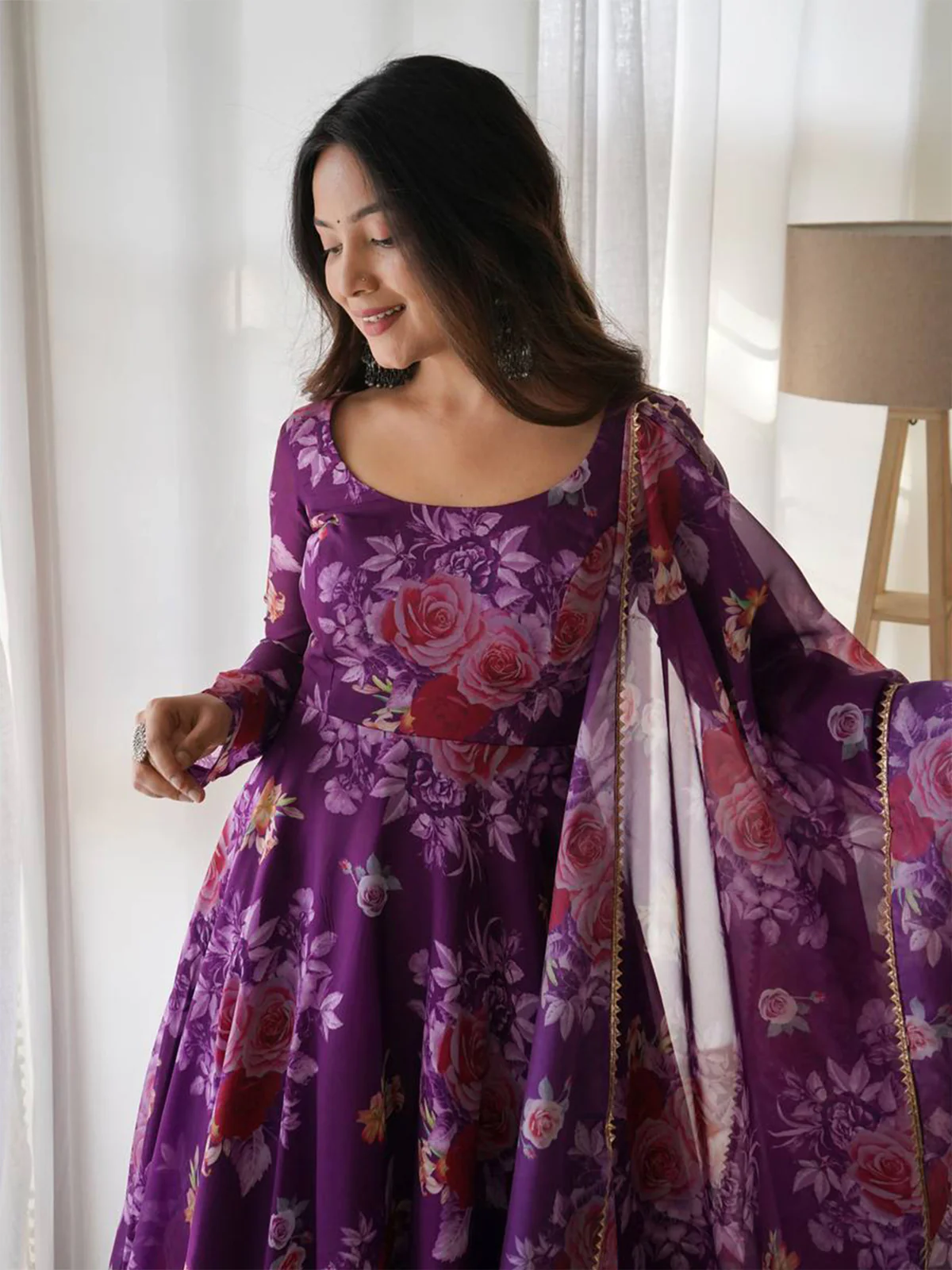 Odette Women Purple Printed Organza Stitched Kurta With Dupatta - Image 5