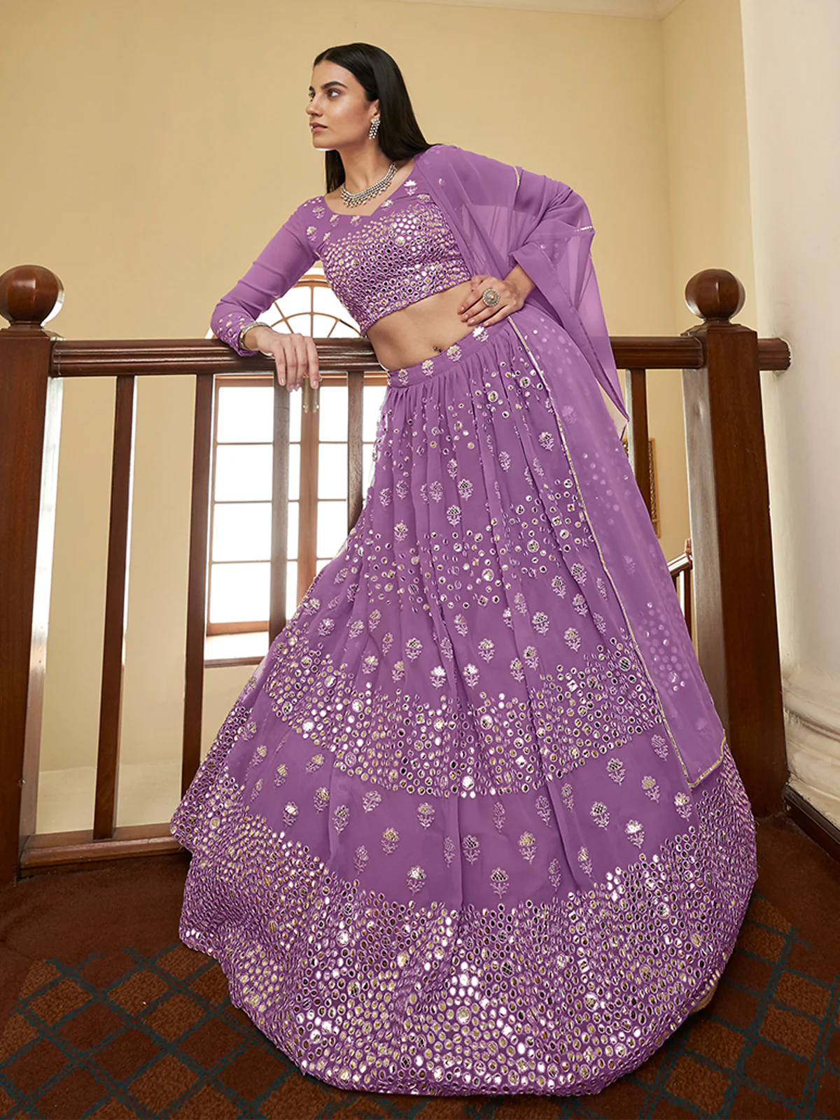 Odette Women Purple Georgette Semi Stitched Lehenga With Unstitched Blouse - Image 2