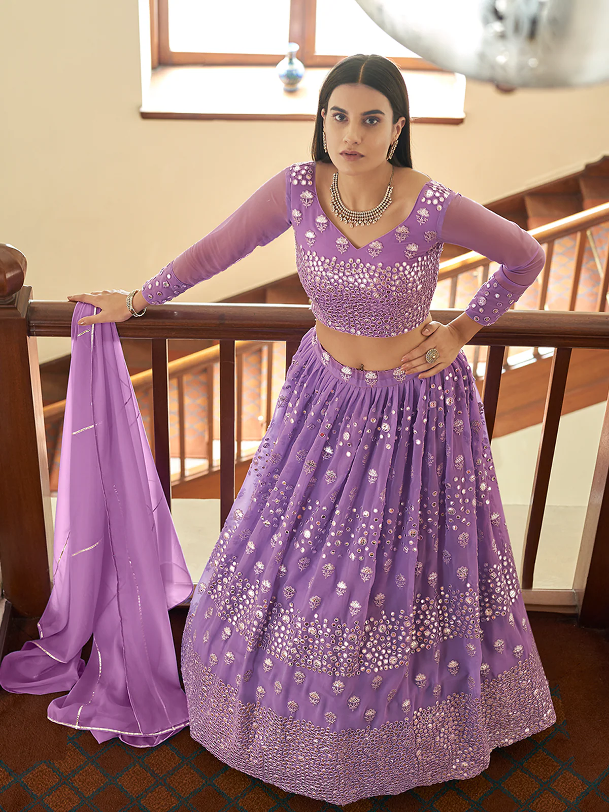 Odette Women Purple Georgette Semi Stitched Lehenga With Unstitched Blouse - Image 3