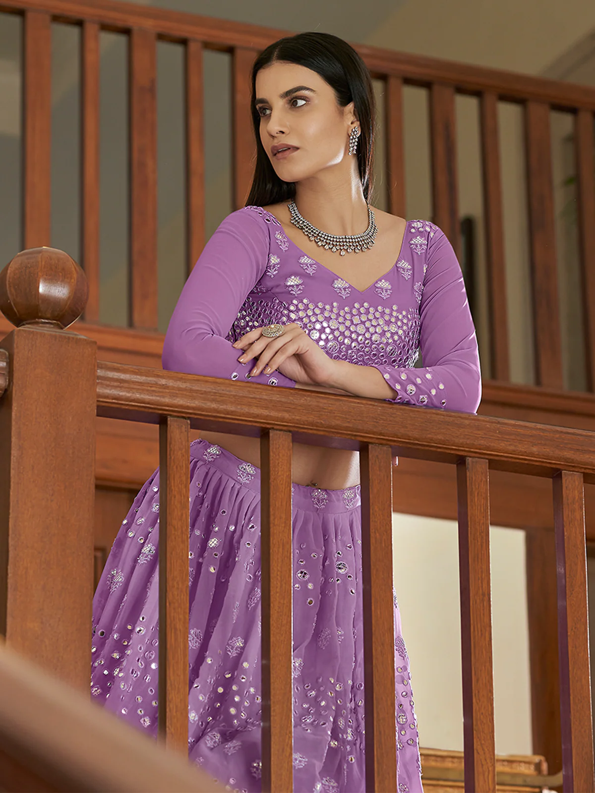 Odette Women Purple Georgette Semi Stitched Lehenga With Unstitched Blouse - Image 4