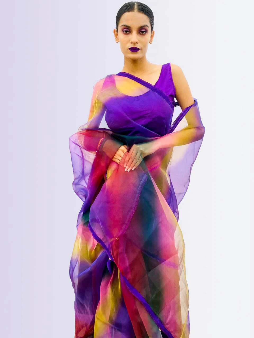 Odette Women Multicolor Organza Saree With Stitched Blouse - Image 2