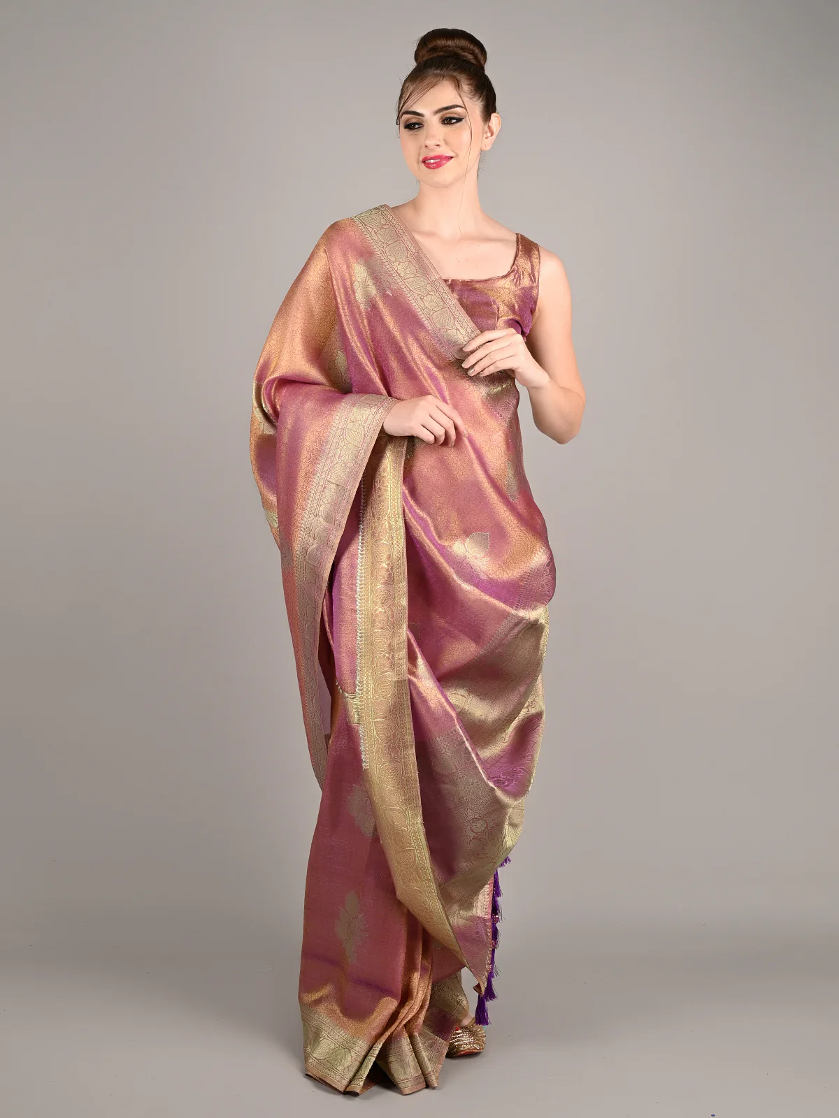 Odette Women Purple Satin Nylon Woven Saree With Unstitched Blouse - Image 2