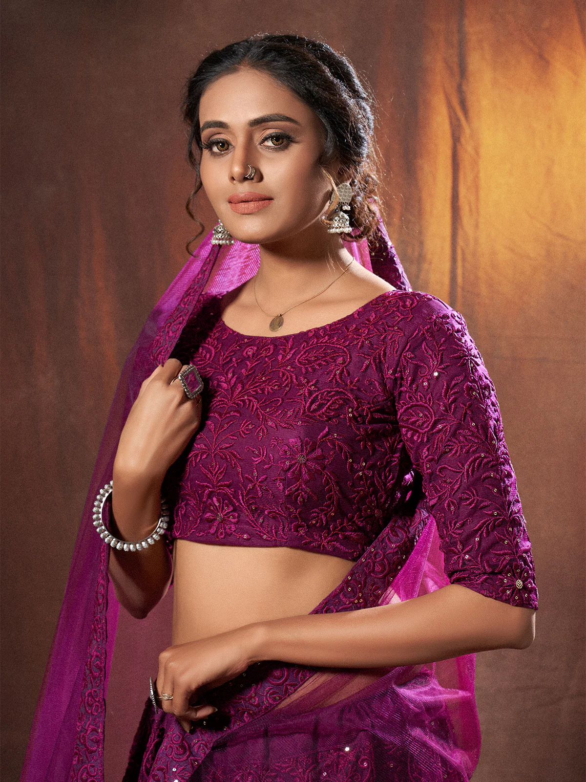 Odette Women Purple Sequins, Thread Semi Stitched Lehenga With Unstitched Blouse - Image 3