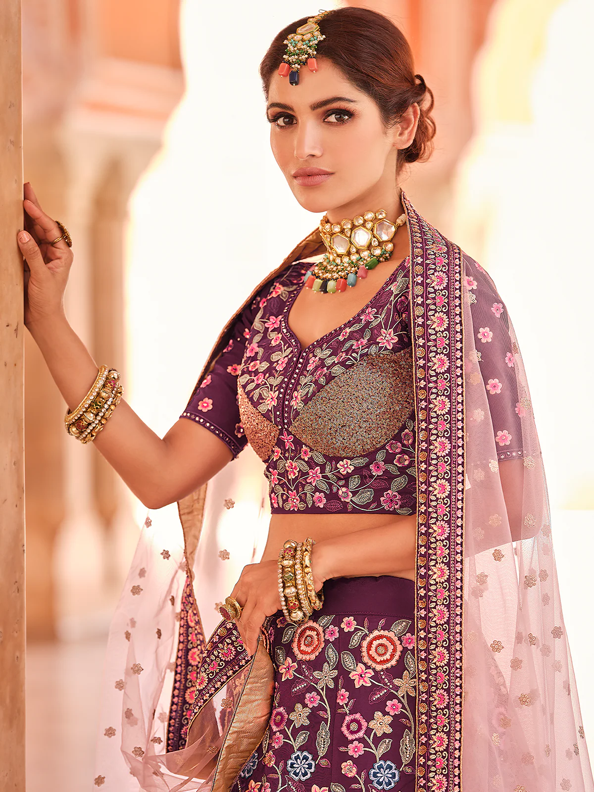 Odette Women Purple Crepe Semi Stitched Lehenga With Unstitched Blouse - Image 3