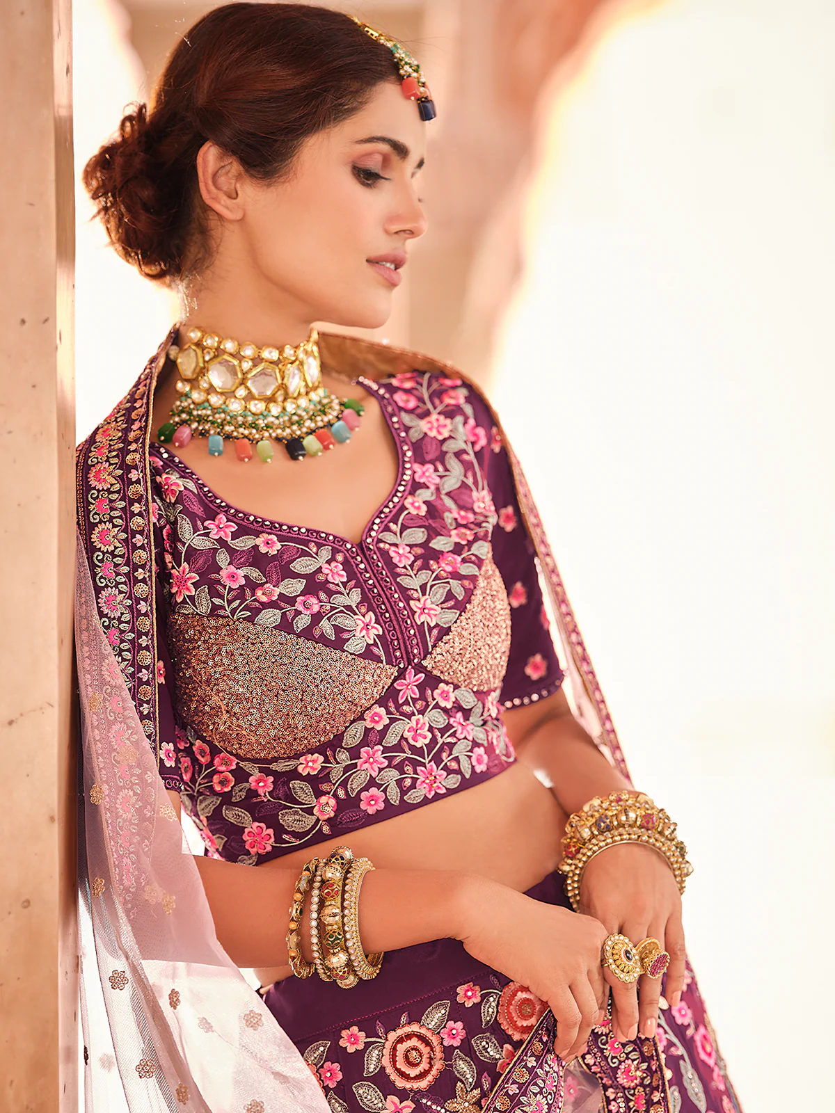 Odette Women Purple Crepe Semi Stitched Lehenga With Unstitched Blouse - Image 4