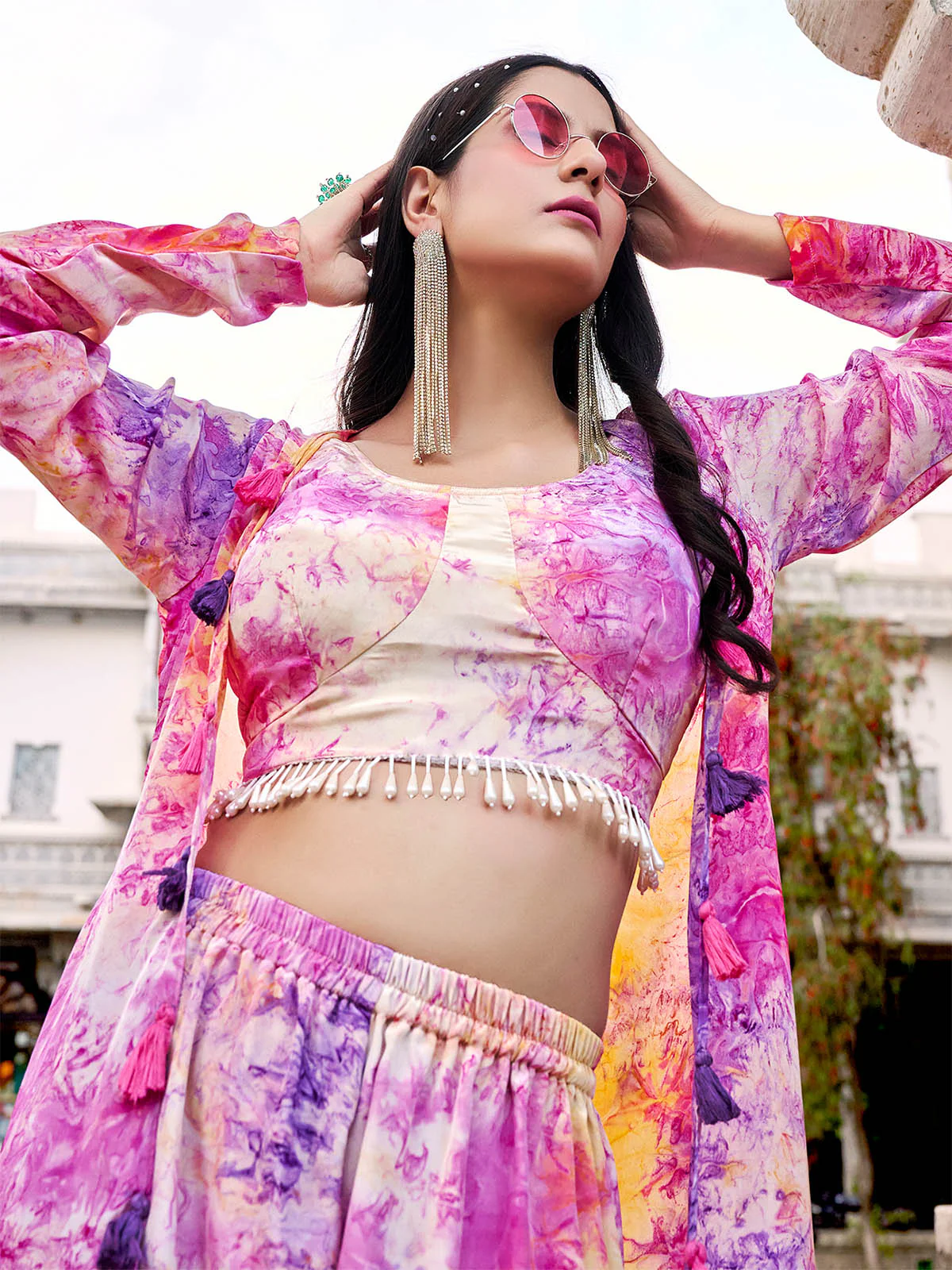 Odette Women Purple Silk Blend Printed Indo Western Set - Image 4