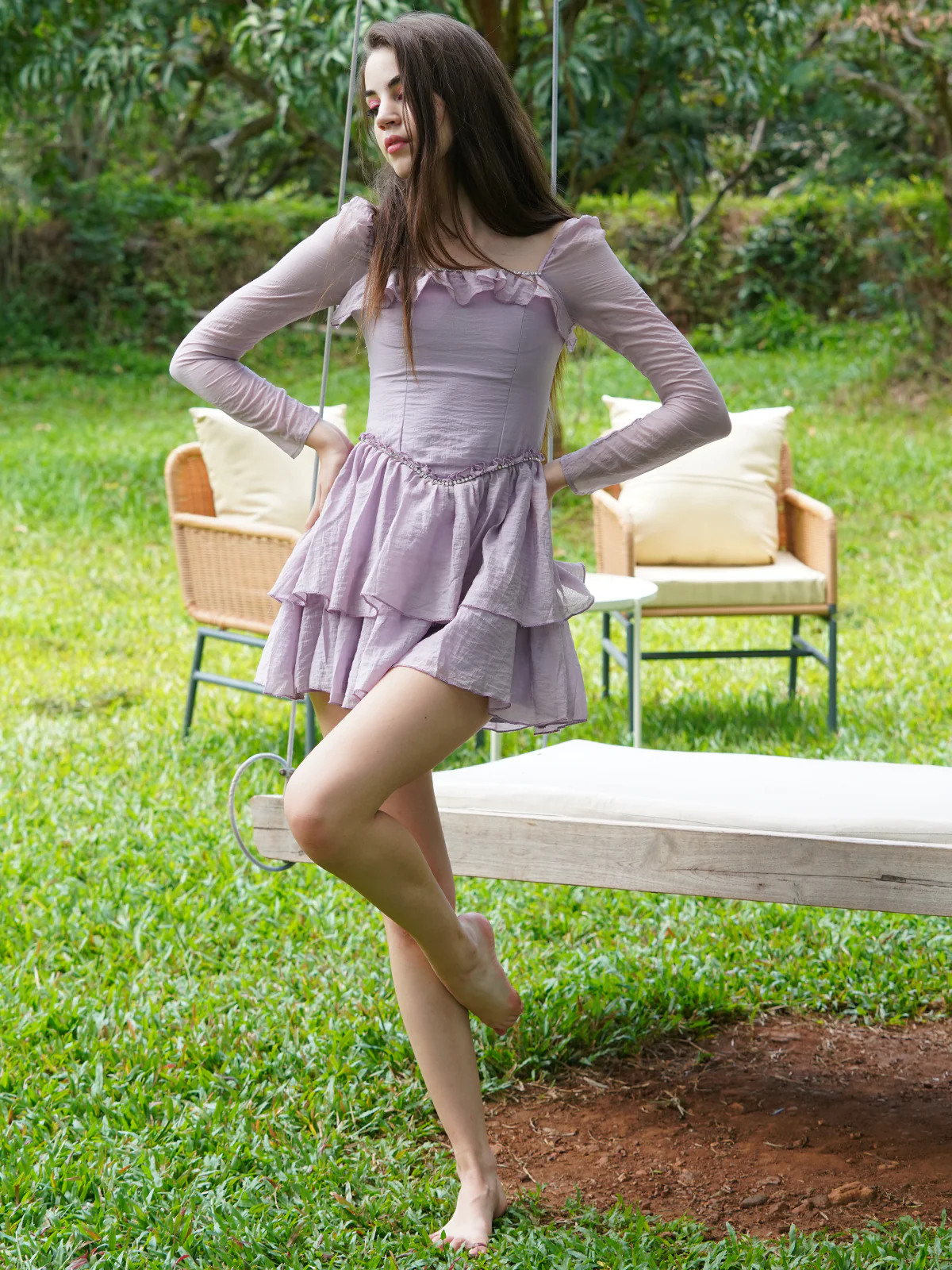 Odette Women Purple Two Tone Polyester Voil Frilled Short Dress - Image 2
