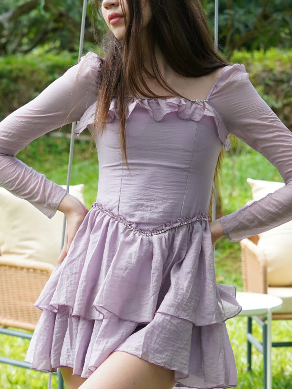 Odette Women Purple Two Tone Polyester Voil Frilled Short Dress - Image 5