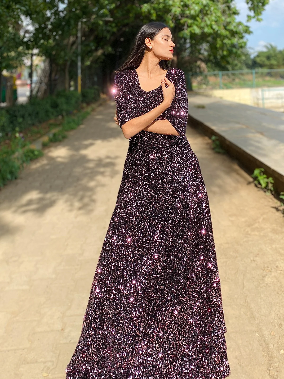 Odette Women Purple Velvet Sequin Designer Indo-Western Dress - Image 3