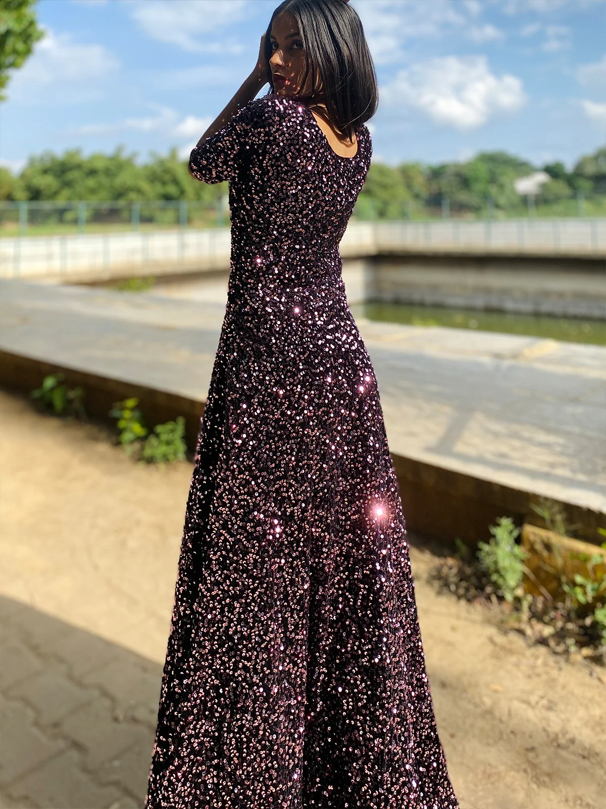 Odette Women Purple Velvet Sequin Designer Indo-Western Dress - Image 4