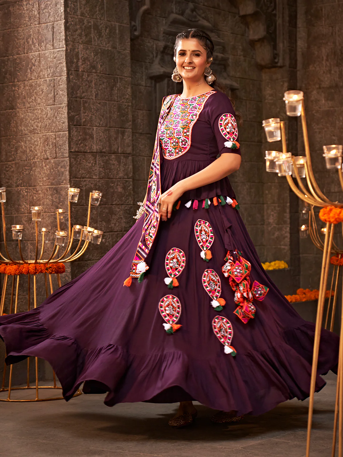 Odette Purple Viscose Rayon Embroidered Semi Stitched Lehenga Choli For Women - Image 3