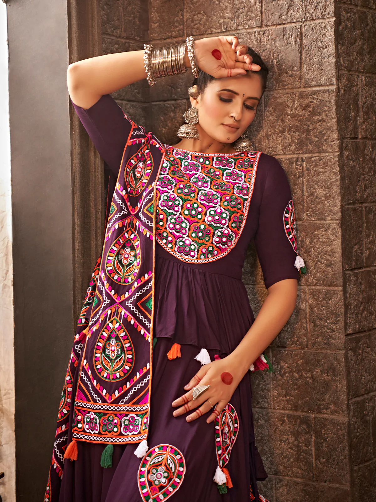 Odette Purple Viscose Rayon Embroidered Semi Stitched Lehenga Choli For Women - Image 4