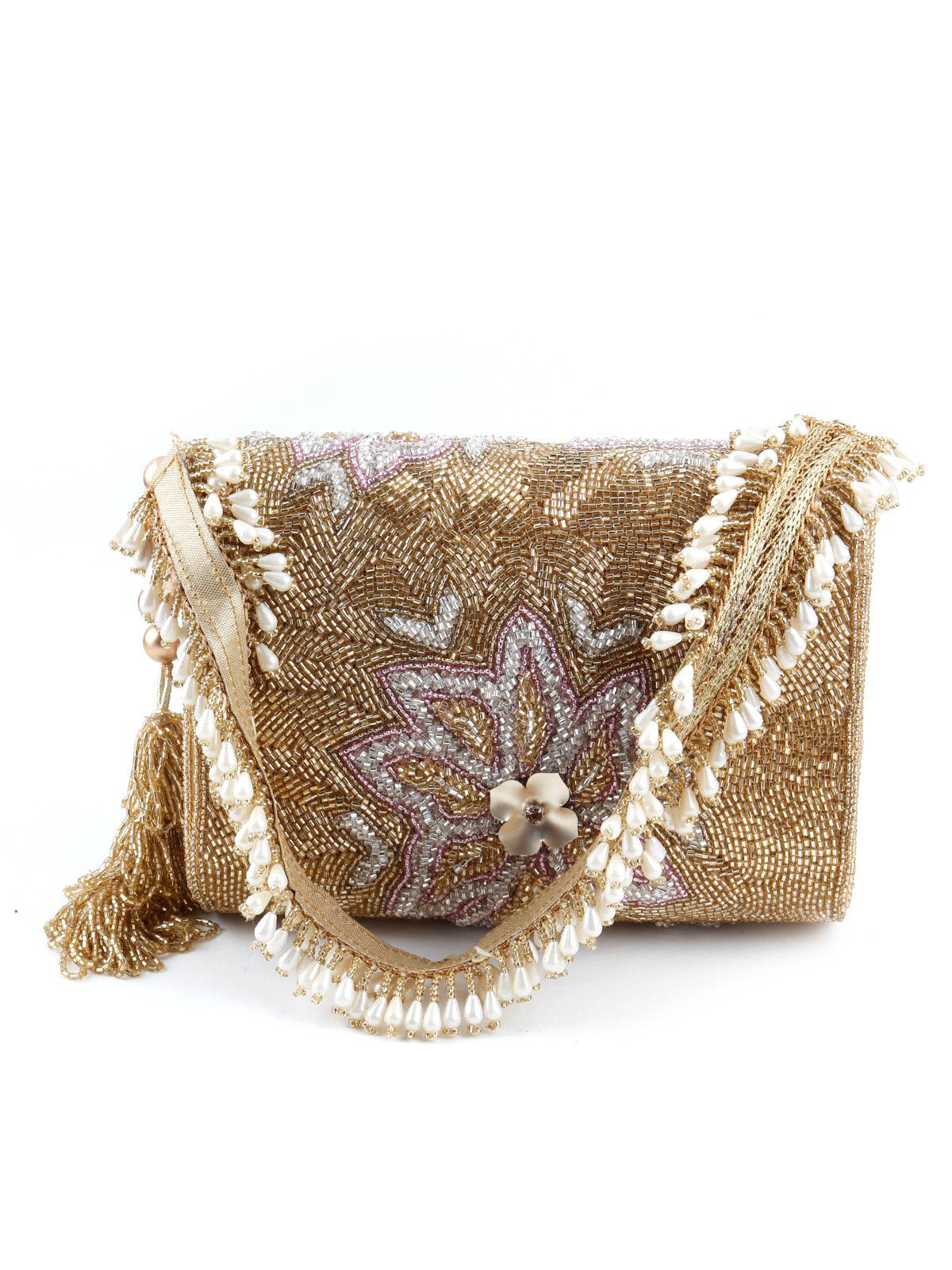 Odette Women Rectangular Golden And Translucent White Clutch - Image 4