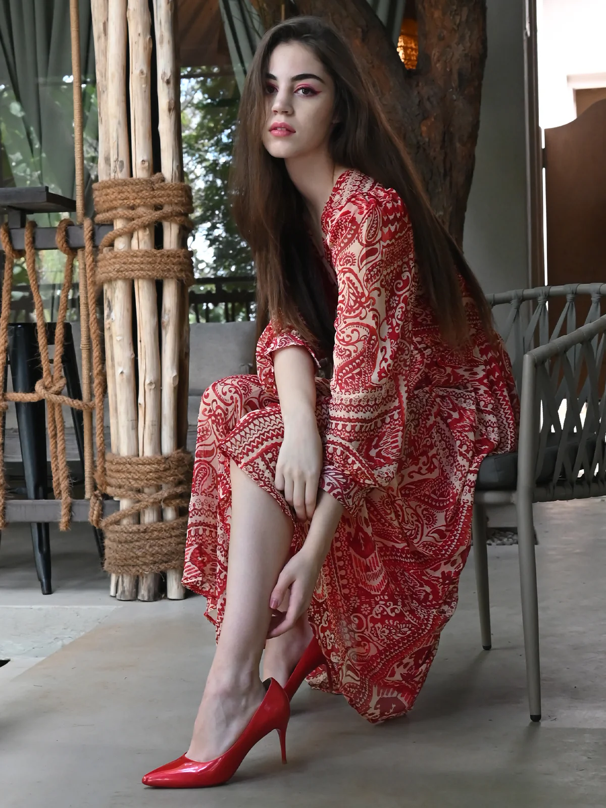 Odette Women Red Abstract Printed Long Front Open Dress - Image 3