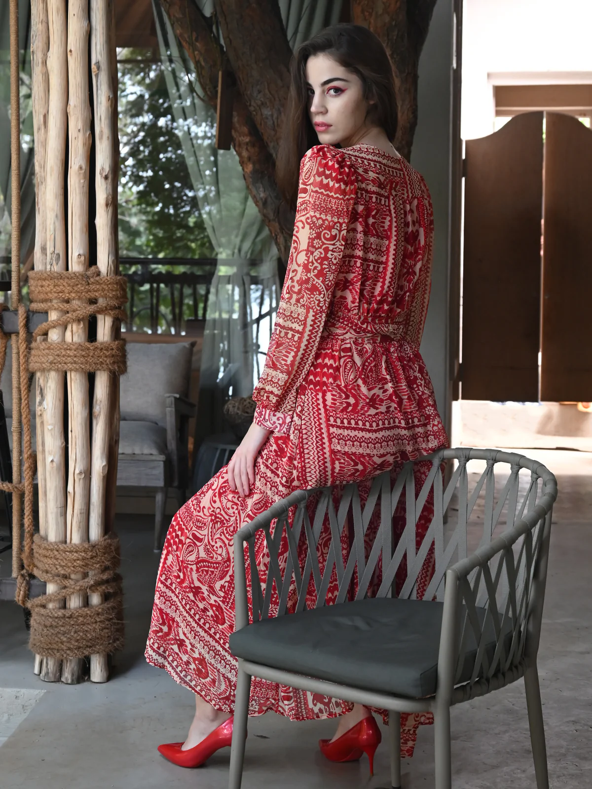 Odette Women Red Abstract Printed Long Front Open Dress - Image 4