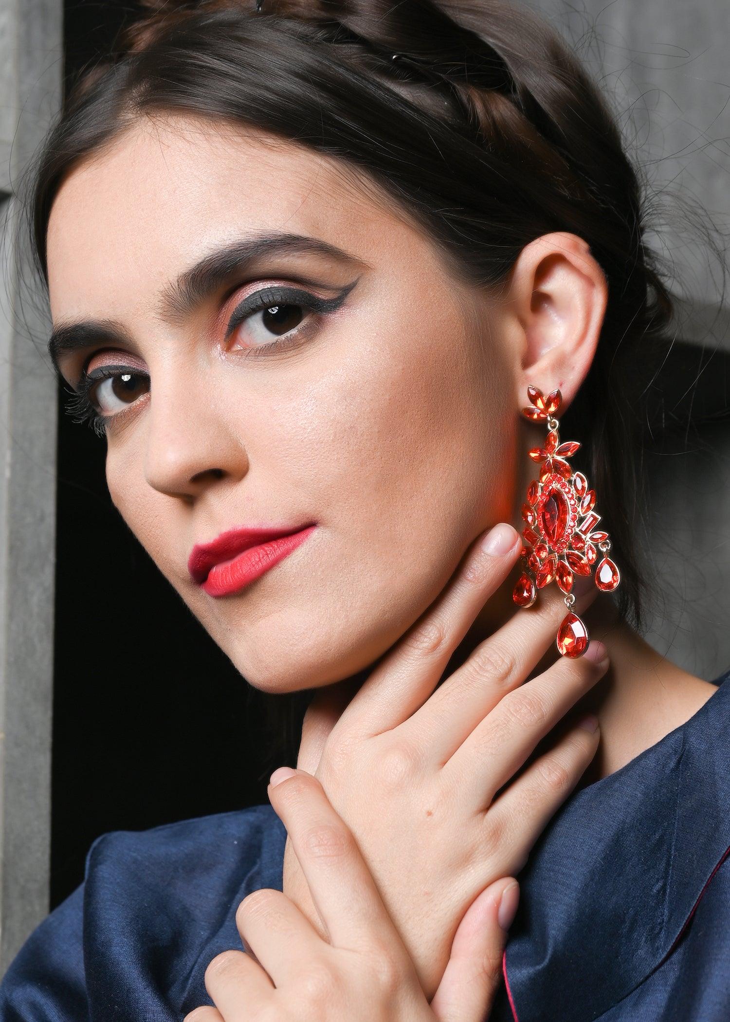 Odette Women Red And Golden Rhinestone Earring - Image 2