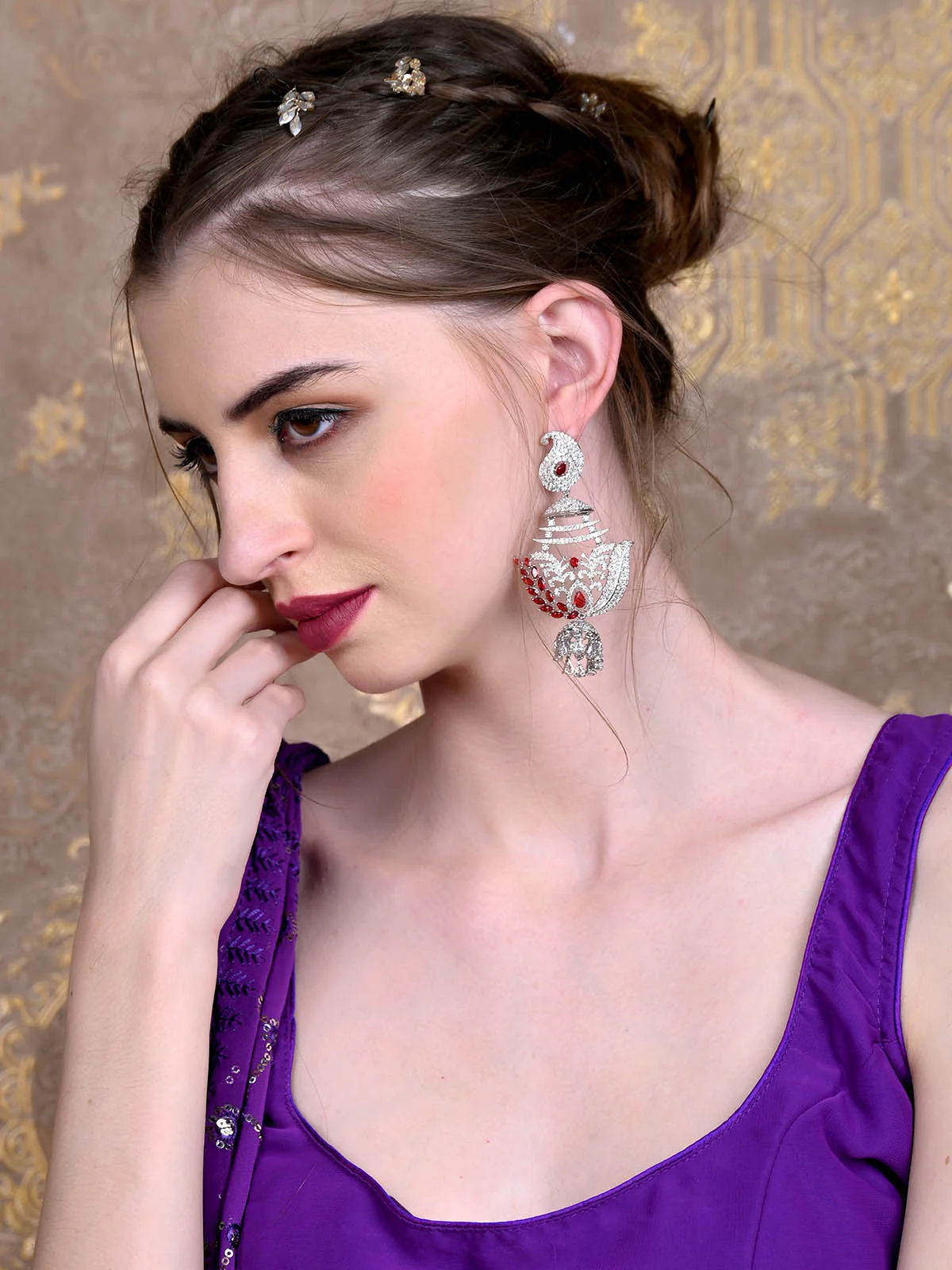Odette Women Red And Silver Dangle Earrings - Image 2