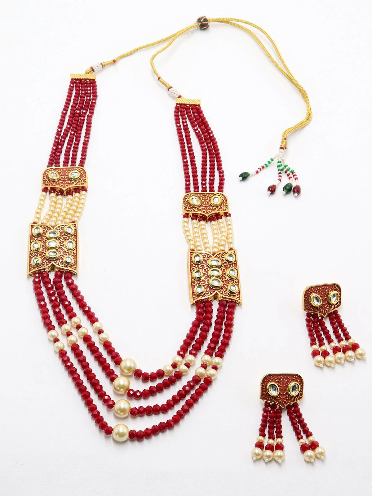 Odette Women Red And Typical Pearl Necklace With Earrings - Image 3