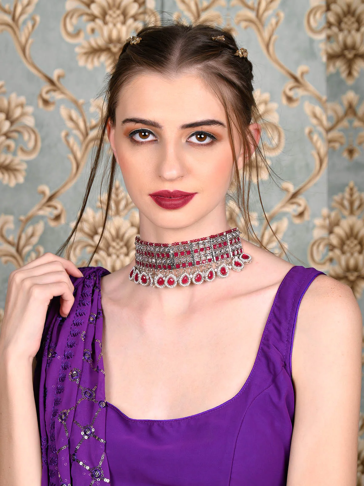 Odette Women Red And White Choker Necklace Set - Image 2