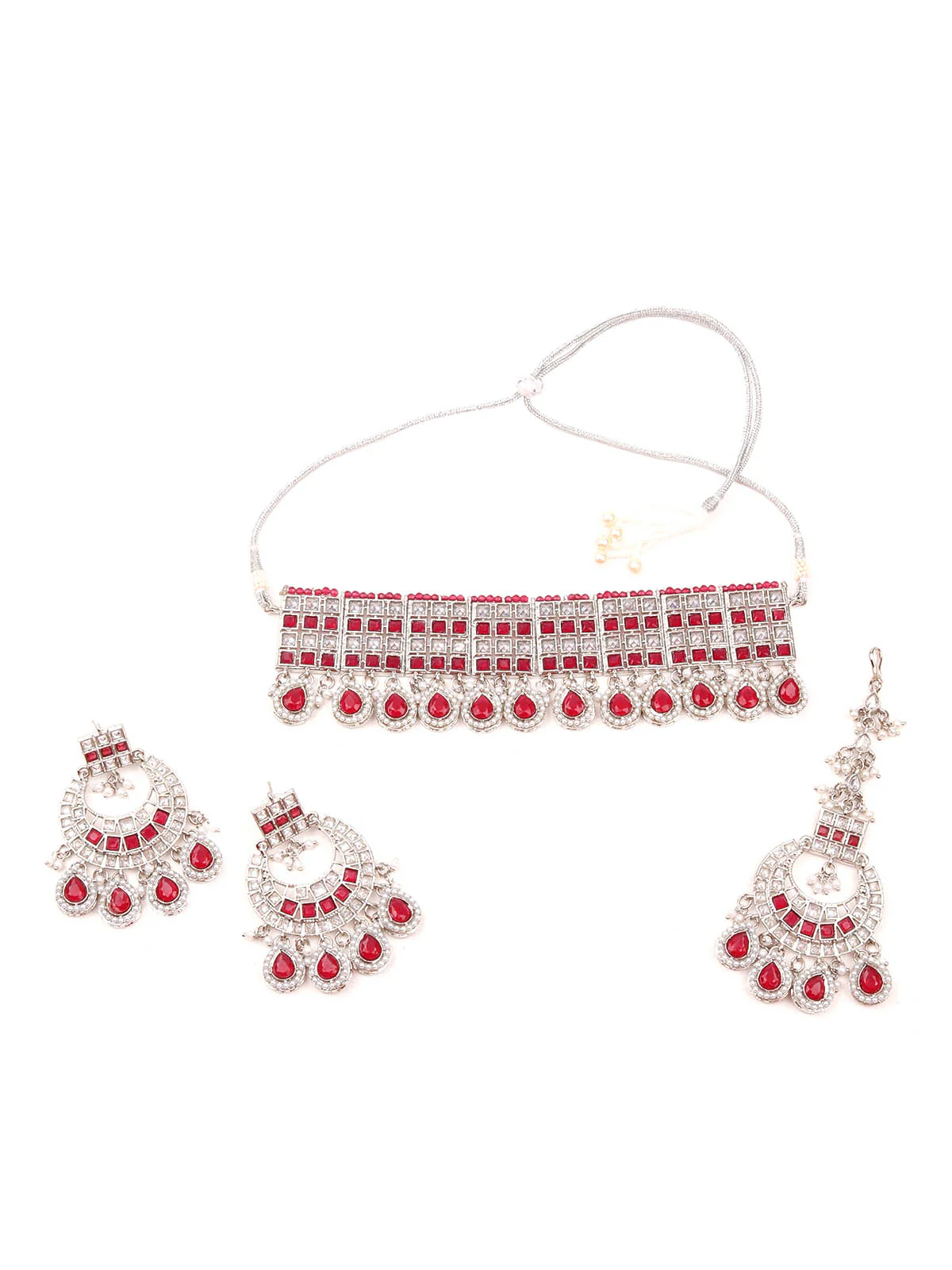 Odette Women Red And White Choker Necklace Set - Image 3