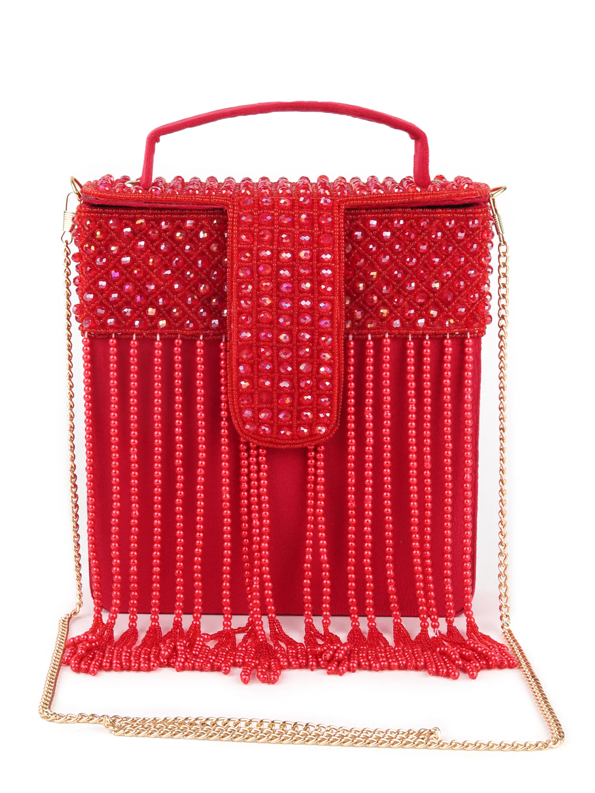 Odette Women Red Beaded Clutch Bag With Tassels - Image 3