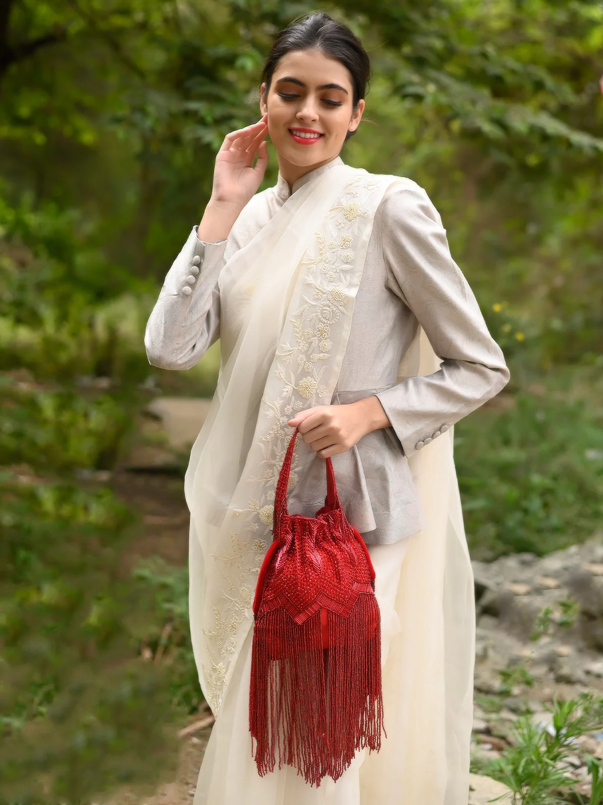 Odette Women Red Beaded Potli Bag With Tassels - Image 2