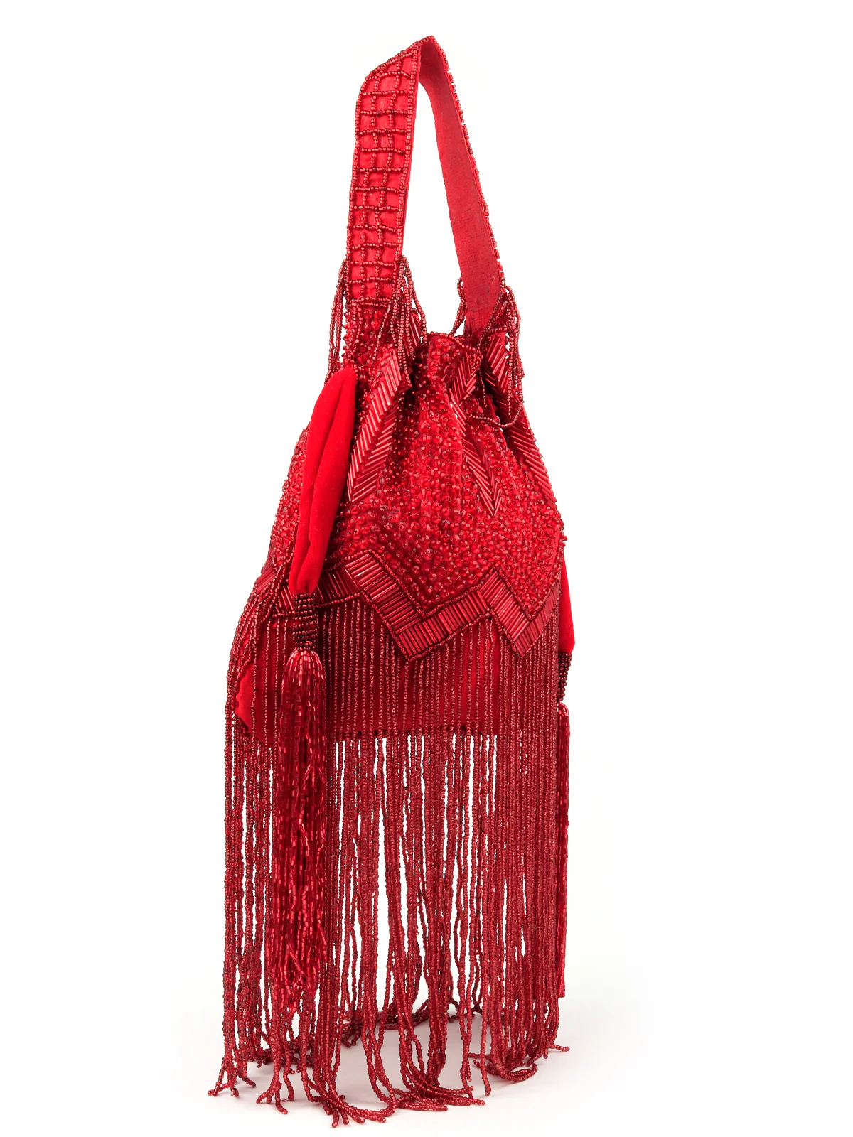 Odette Women Red Beaded Potli Bag With Tassels - Image 4