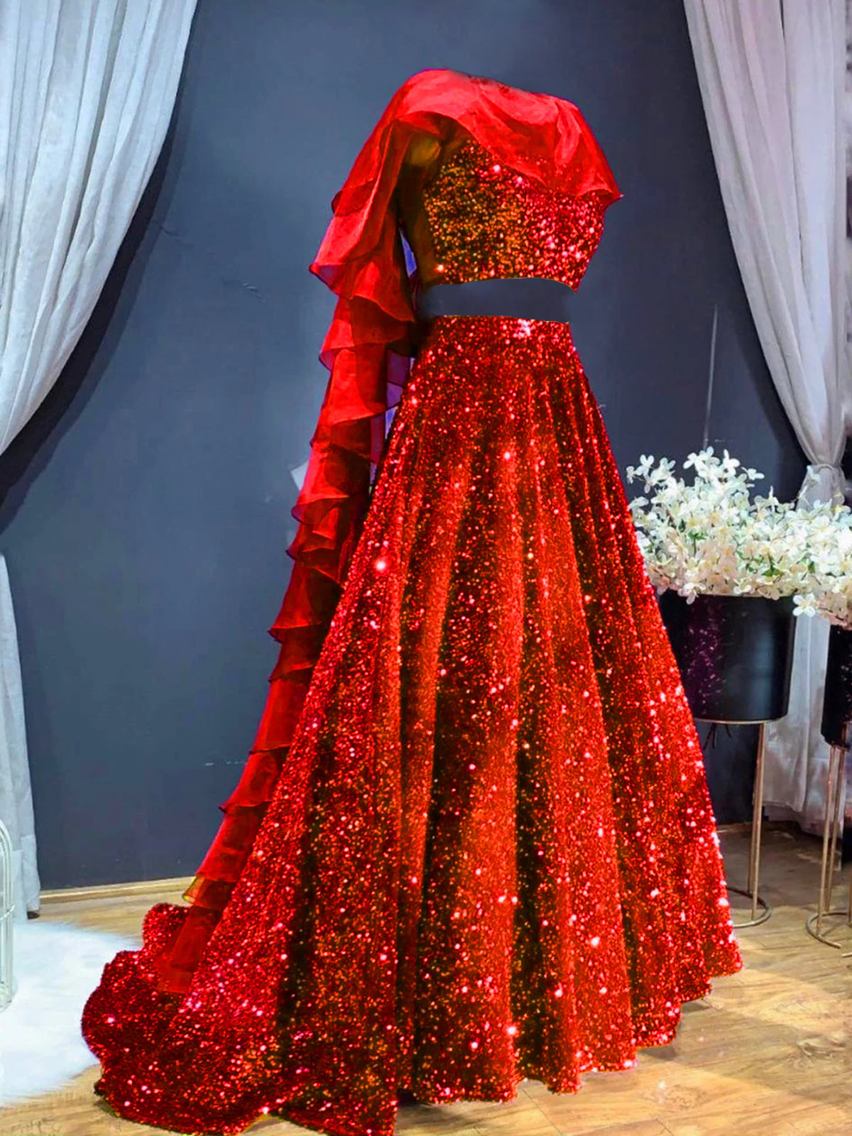Odette Women Red Designer Sequence Semi Stitched Lehenga With Unstitched Blouse - Image 2