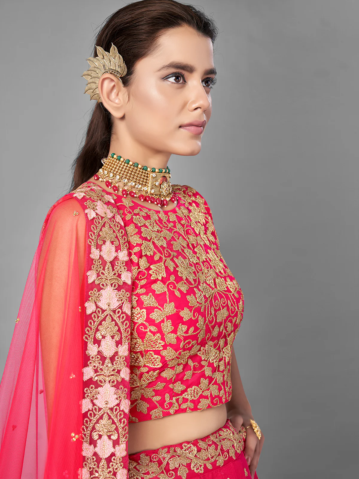 Odette Women Red Thread Embroidered Soft Net Semi Stitched Lehenga With Unstitched Blouse - Image 3
