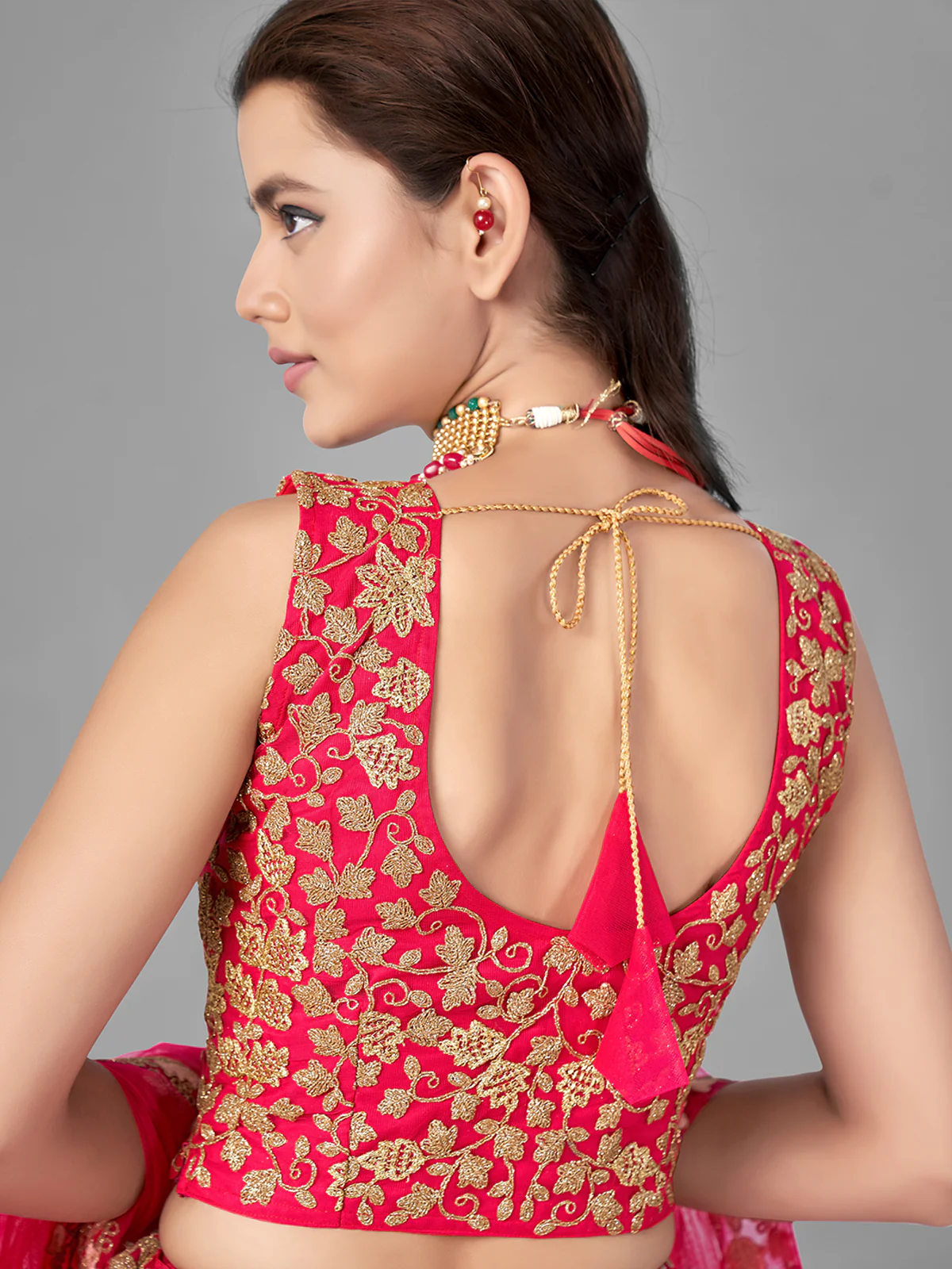 Odette Women Red Thread Embroidered Soft Net Semi Stitched Lehenga With Unstitched Blouse - Image 5