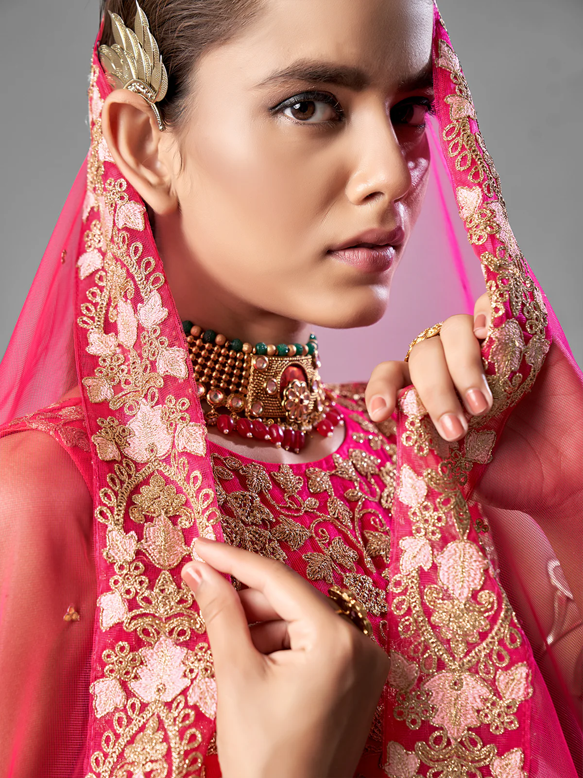 Odette Women Red Thread Embroidered Soft Net Semi Stitched Lehenga With Unstitched Blouse - Image 6