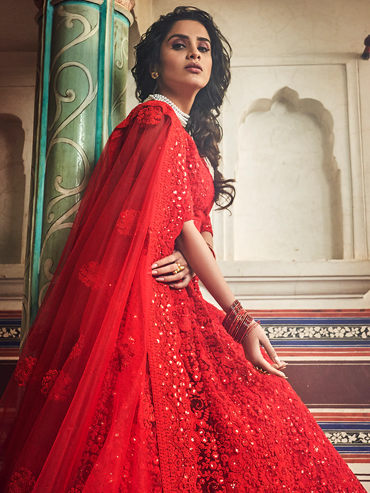 Odette Women Red Embroidered Soft Net Semi Stitched Lehenga With Unstitched Blouse - Image 3