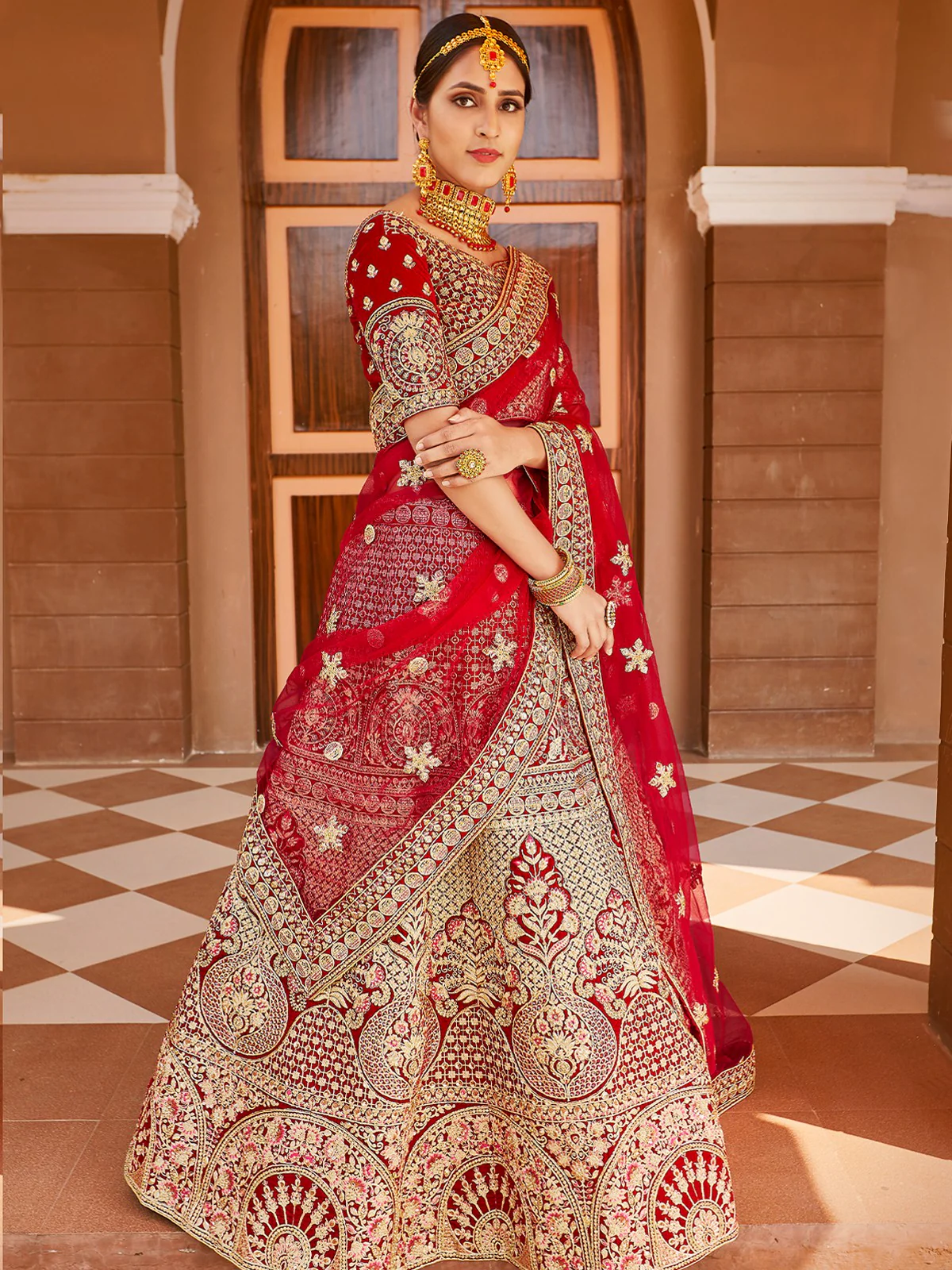 Odette Women Red Elegant  Semi Stitched Lehenga With  Stitched Blouse - Image 2
