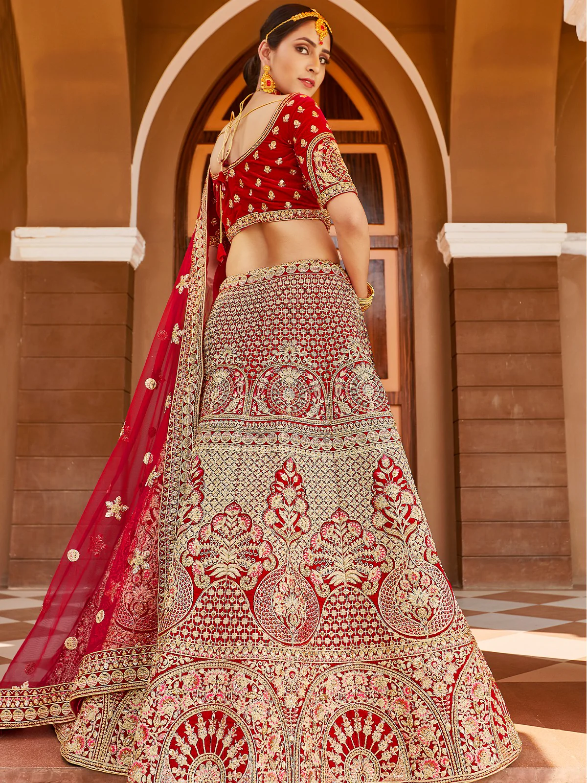 Odette Women Red Elegant  Semi Stitched Lehenga With  Stitched Blouse - Image 4