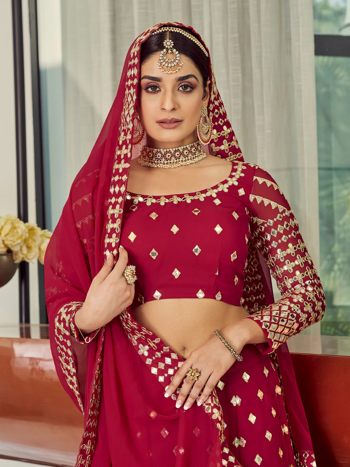 Odette Women Red Elegant  Semi Stitched Lehenga With  Unstitched Blouse - Image 4