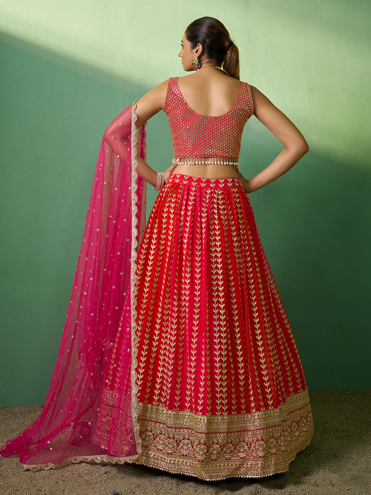 Odette Women Red Embroidered Semi Stitched Lehenga With Unstitched Blouse - Image 4