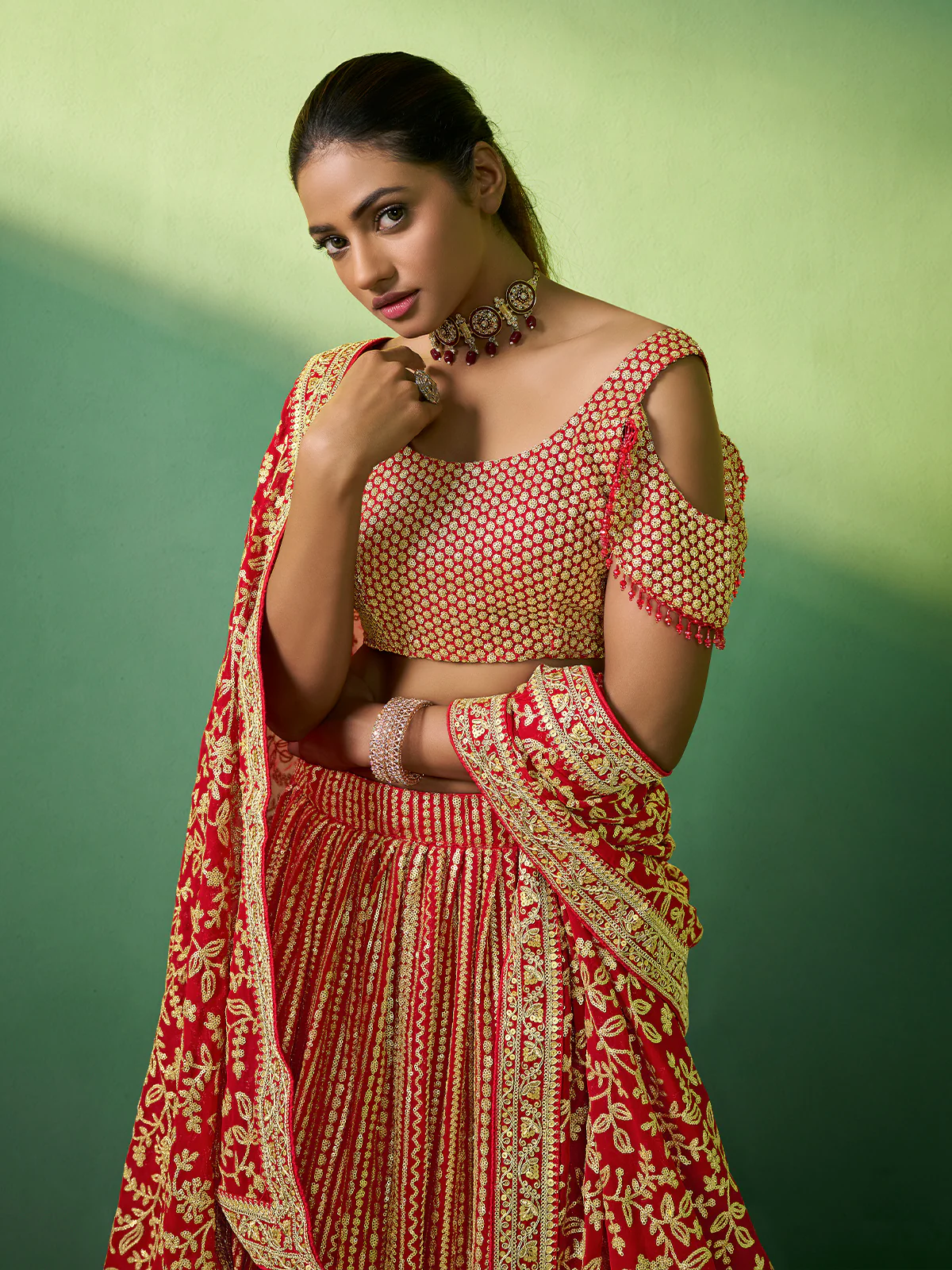Odette Women Red Embroidered Semi Stitched Lehenga With Unstitched Blouse - Image 5