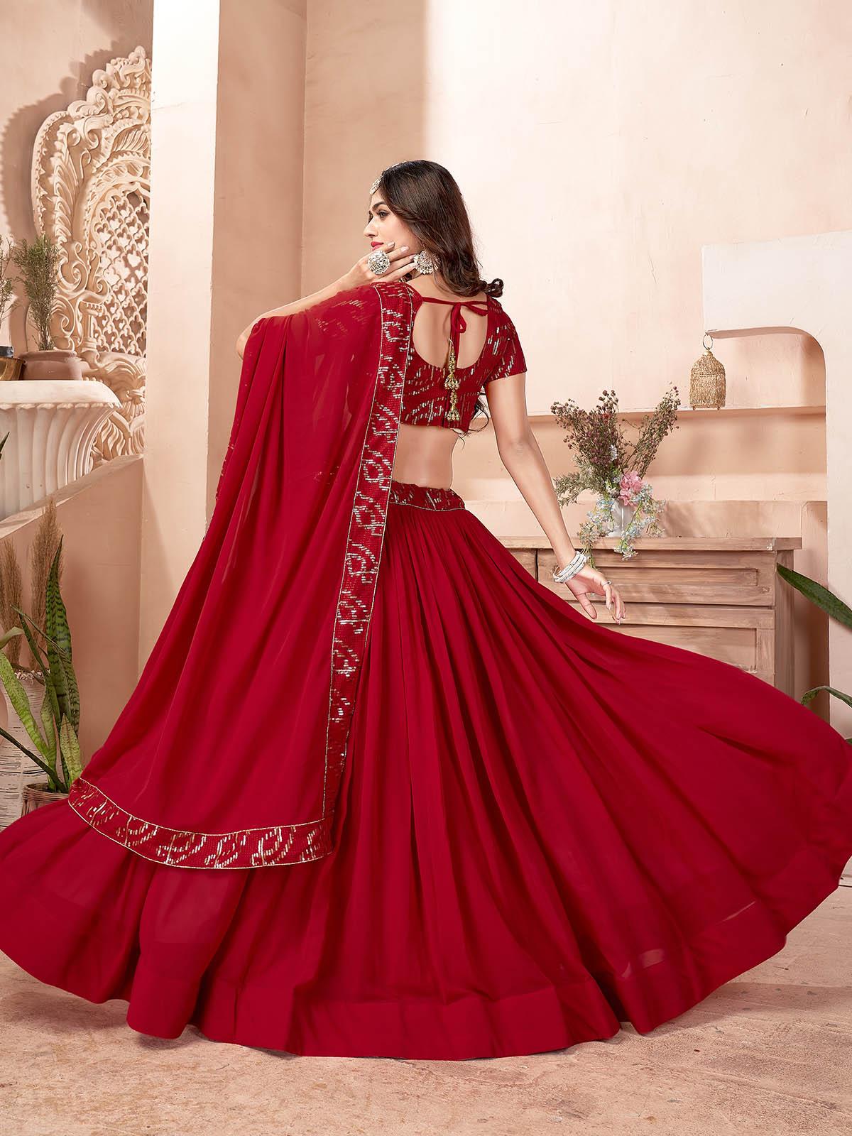 Odette Women Red Faux Georgette Semi Stitched Lehenga With Unstitched Blouse - Image 2
