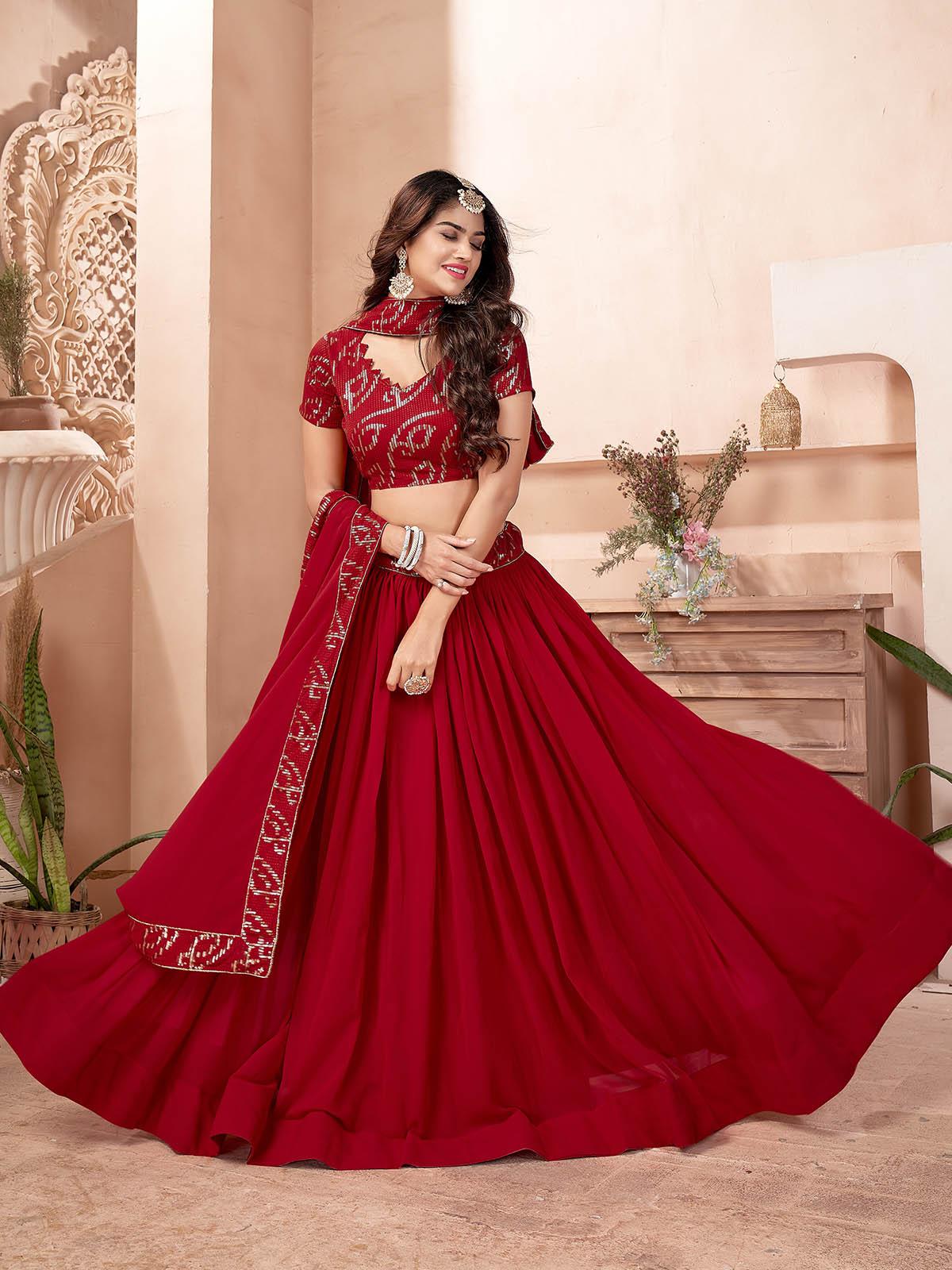 Odette Women Red Faux Georgette Semi Stitched Lehenga With Unstitched Blouse - Image 6