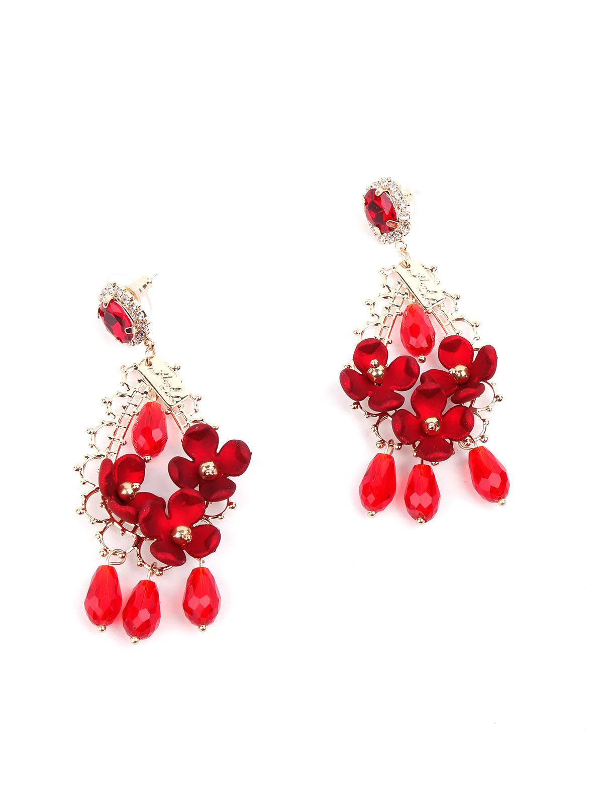 Odette Women Red Floral Chandelier Drop Earrings - Image 5