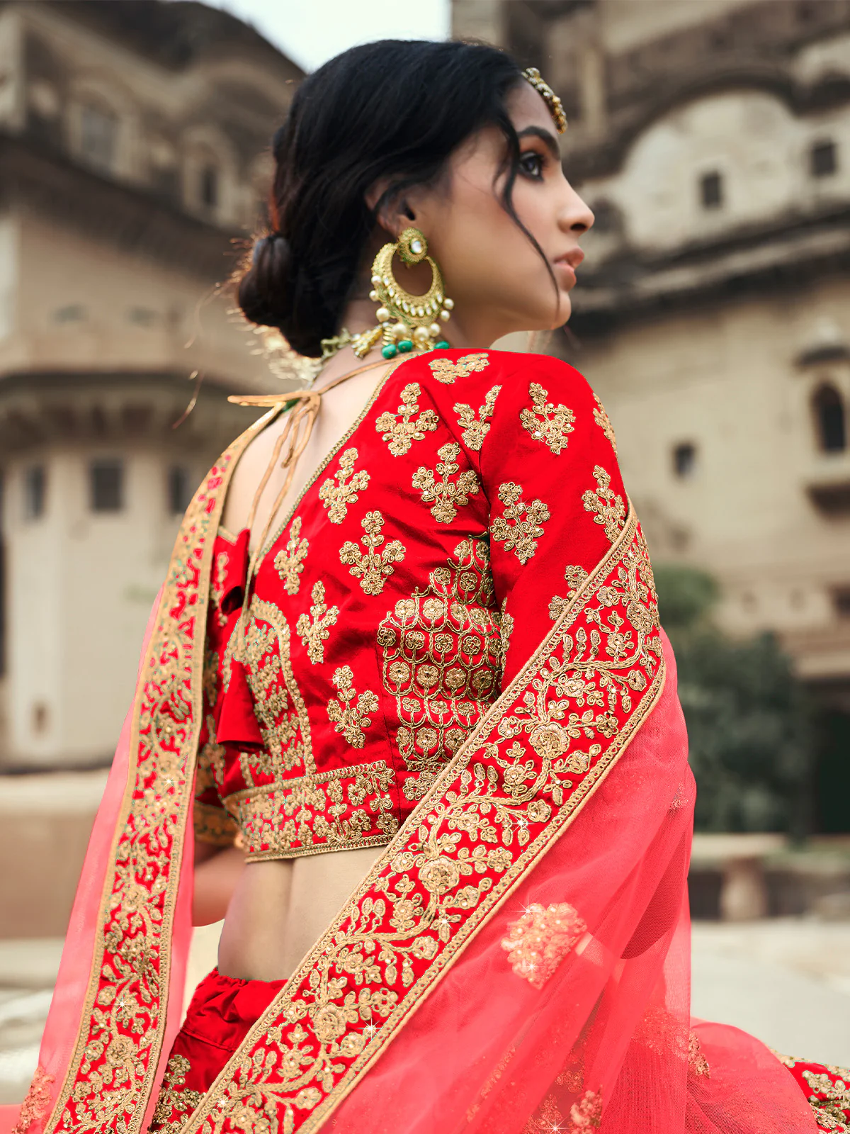 Odette Women Red Embroidered Semi Stitched Lehenga With Unstitched Blouse - Image 3