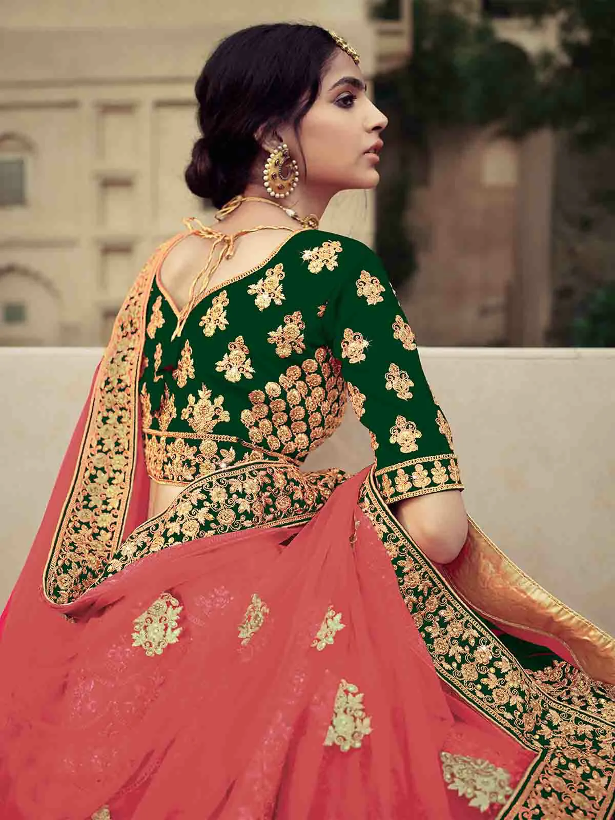 Odette Women Green Embroidered Semi Stitched Lehenga With Unstitched Blouse - Image 3