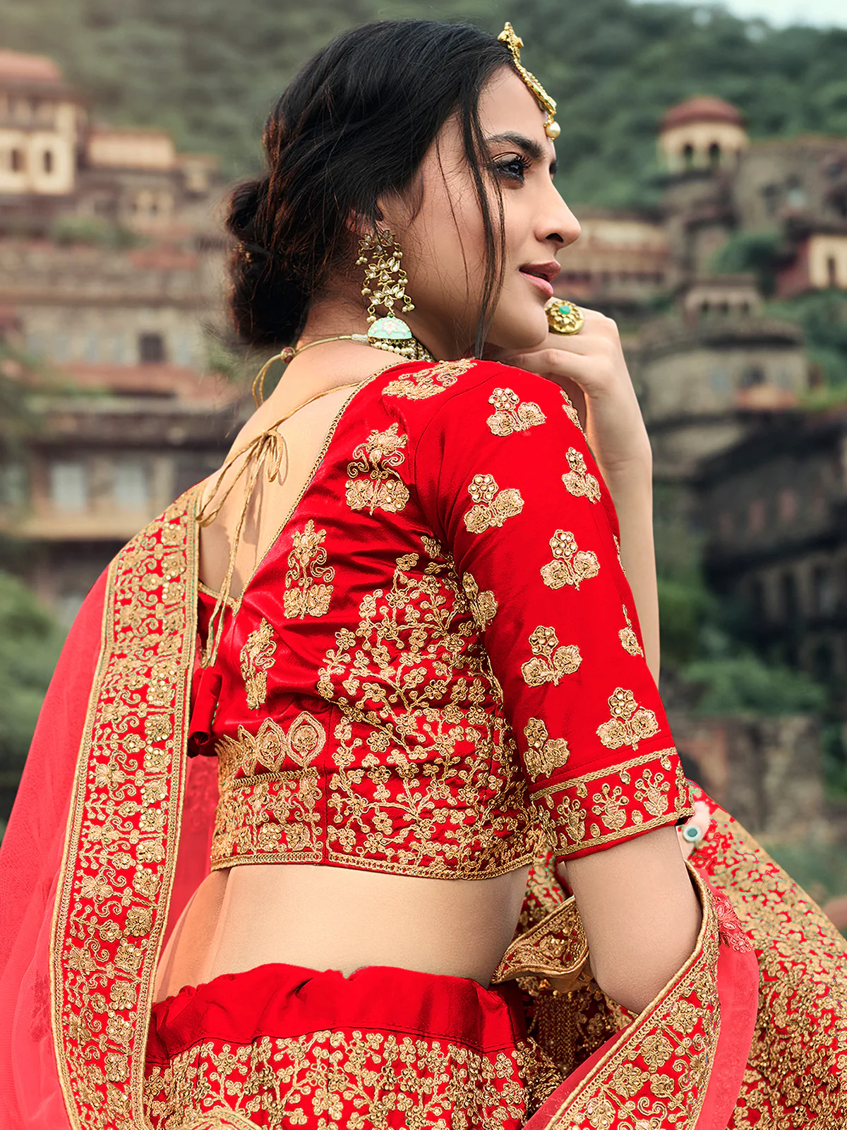 Odette Women Red Embroidered Semi Stitched Lehenga With Unstitched Blouse - Image 3