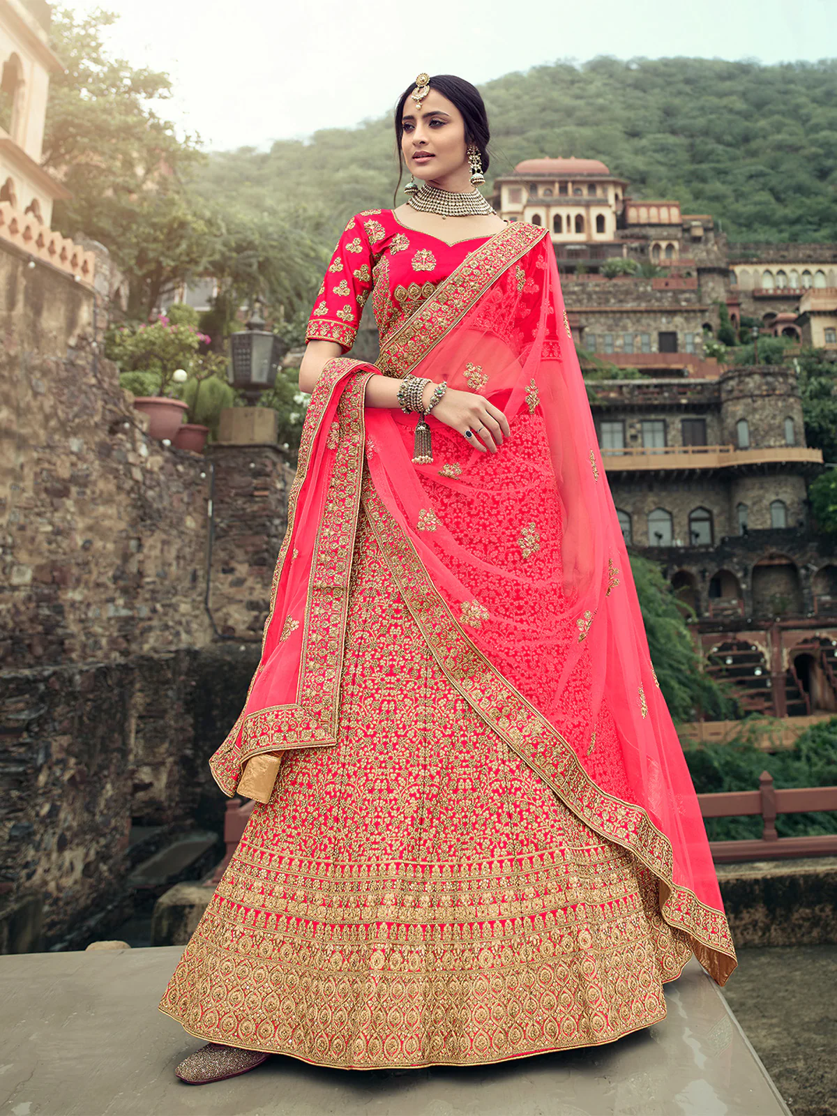Odette Women Pink Embroidered Semi Stitched Lehenga With Unstitched Blouse