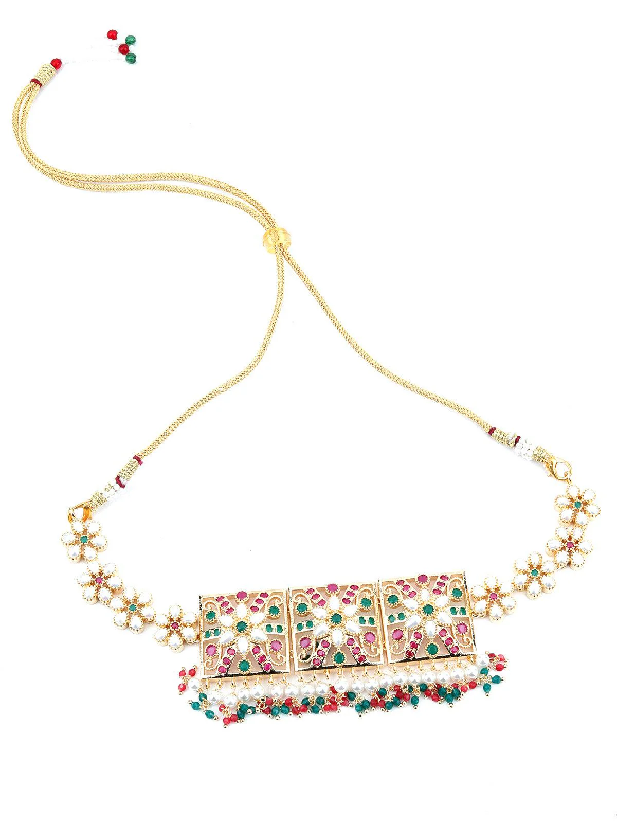 Odette Women Red-Green Square Multicolour Choker Set - Image 4
