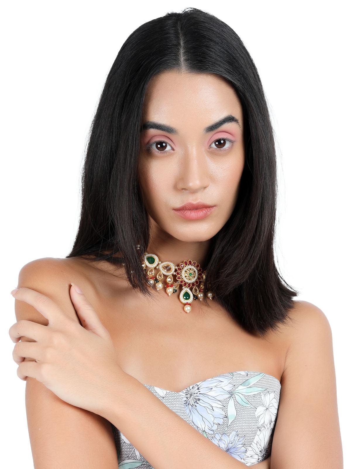 Odette Women Red Kundan Statement Necklace Set - Image 2