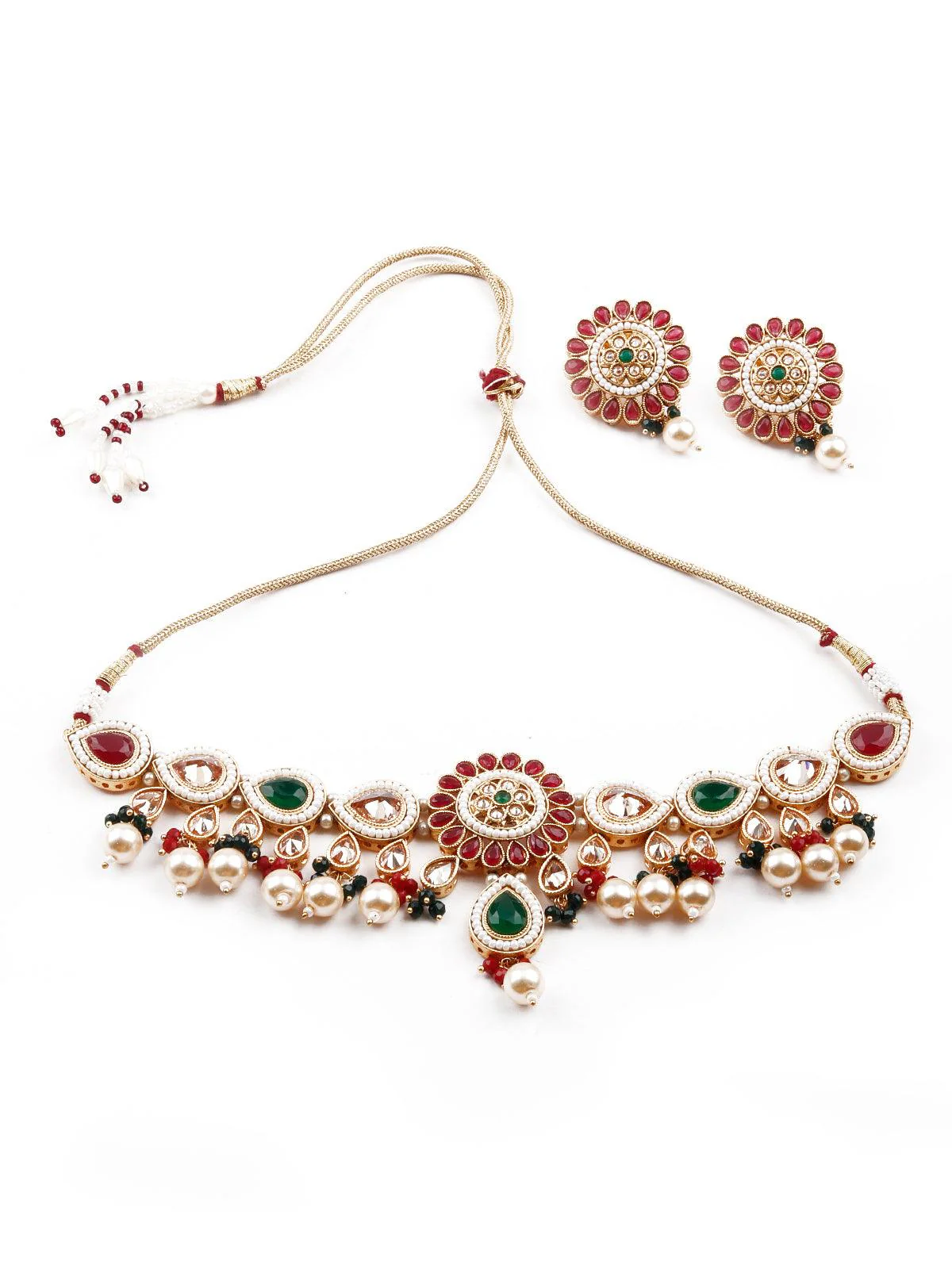 Odette Women Red Kundan Statement Necklace Set - Image 3