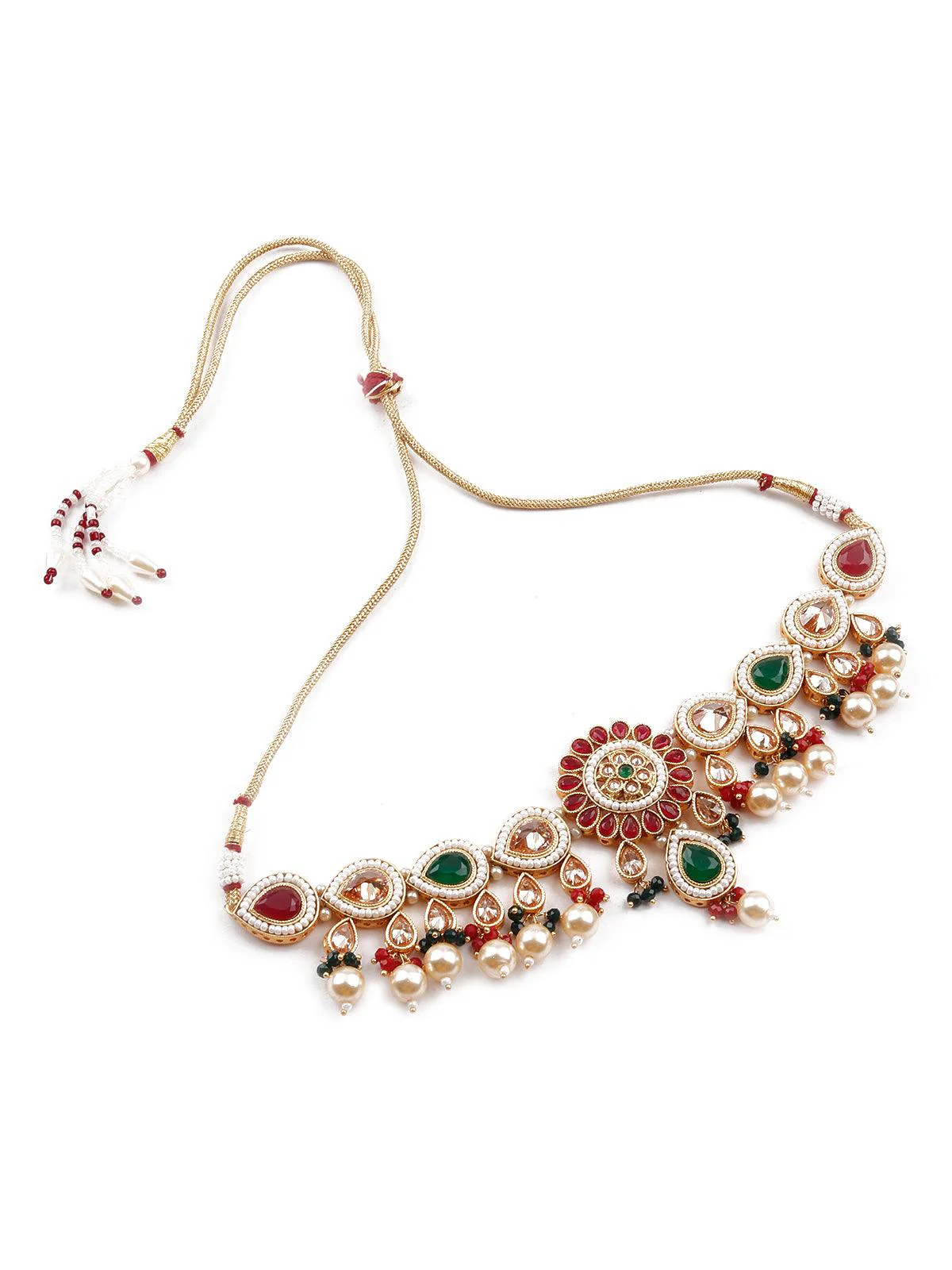Odette Women Red Kundan Statement Necklace Set - Image 4