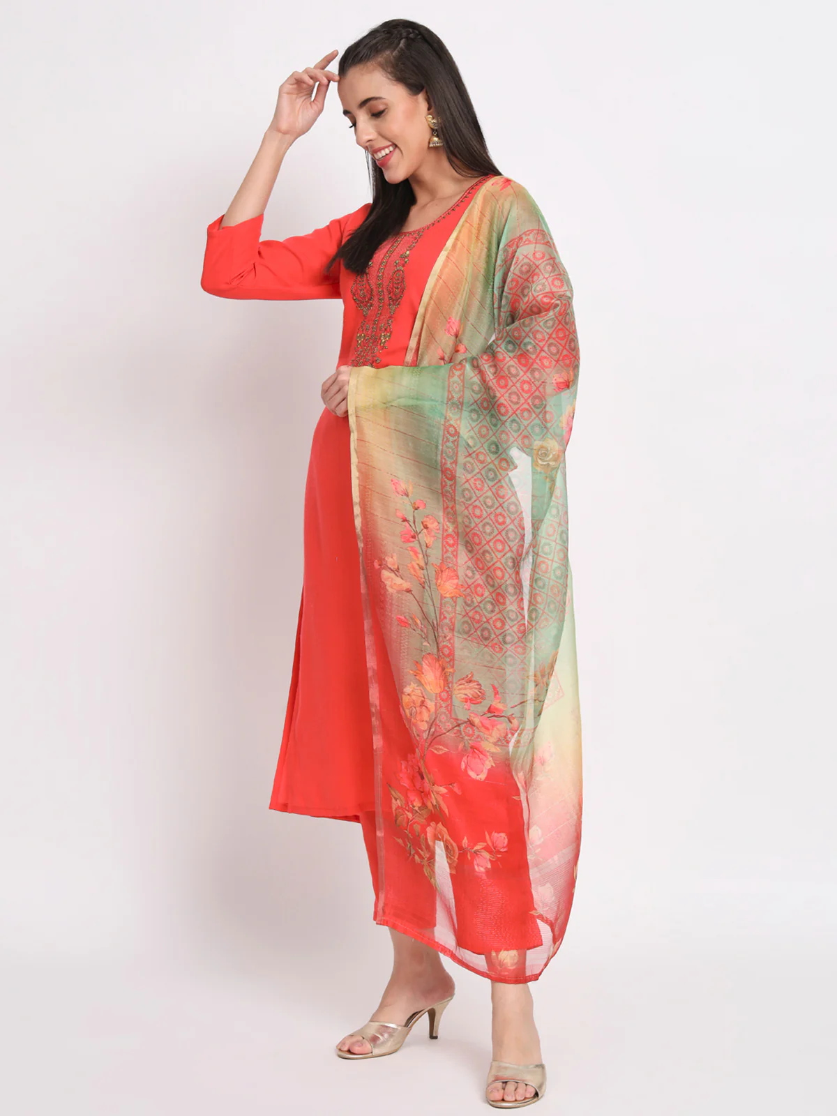 Odette Women Red Cotton Blend Embroidered Stitched Kurta Set - Image 2