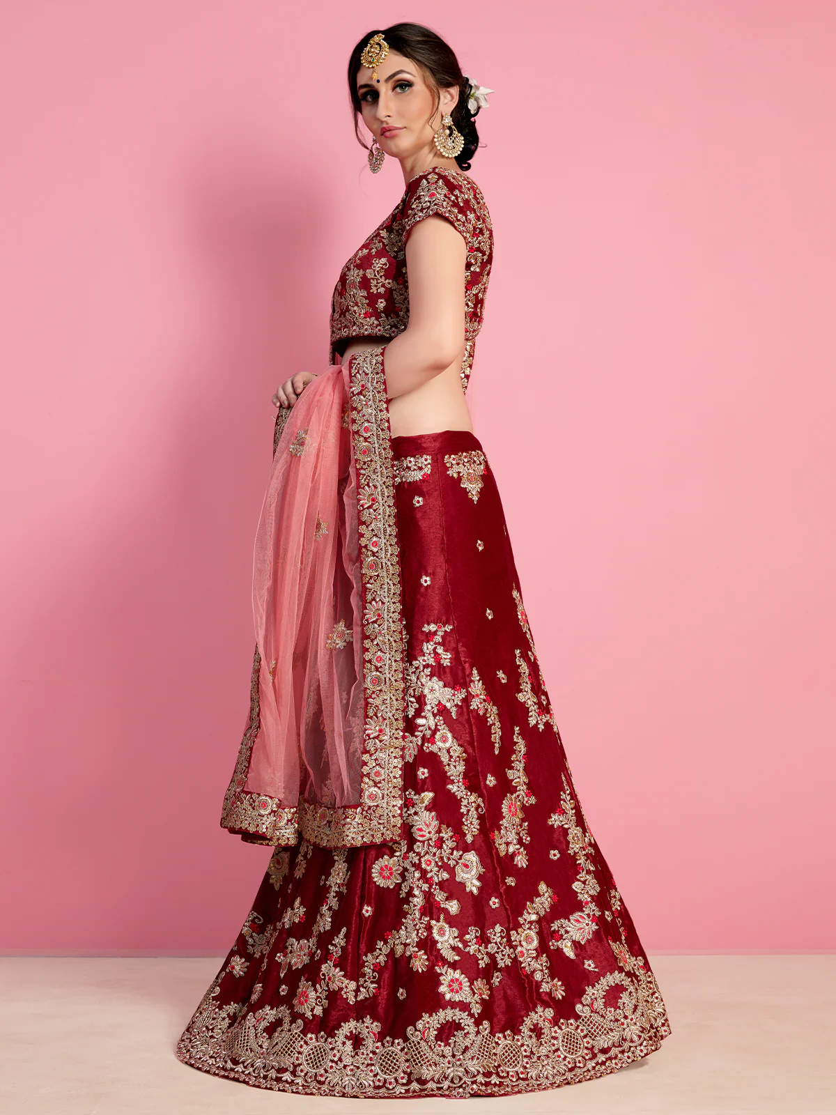 Odette Women Red Embroidered Velvet Silk Semi Stitched Lehenga With Unstitched Blouse - Image 4